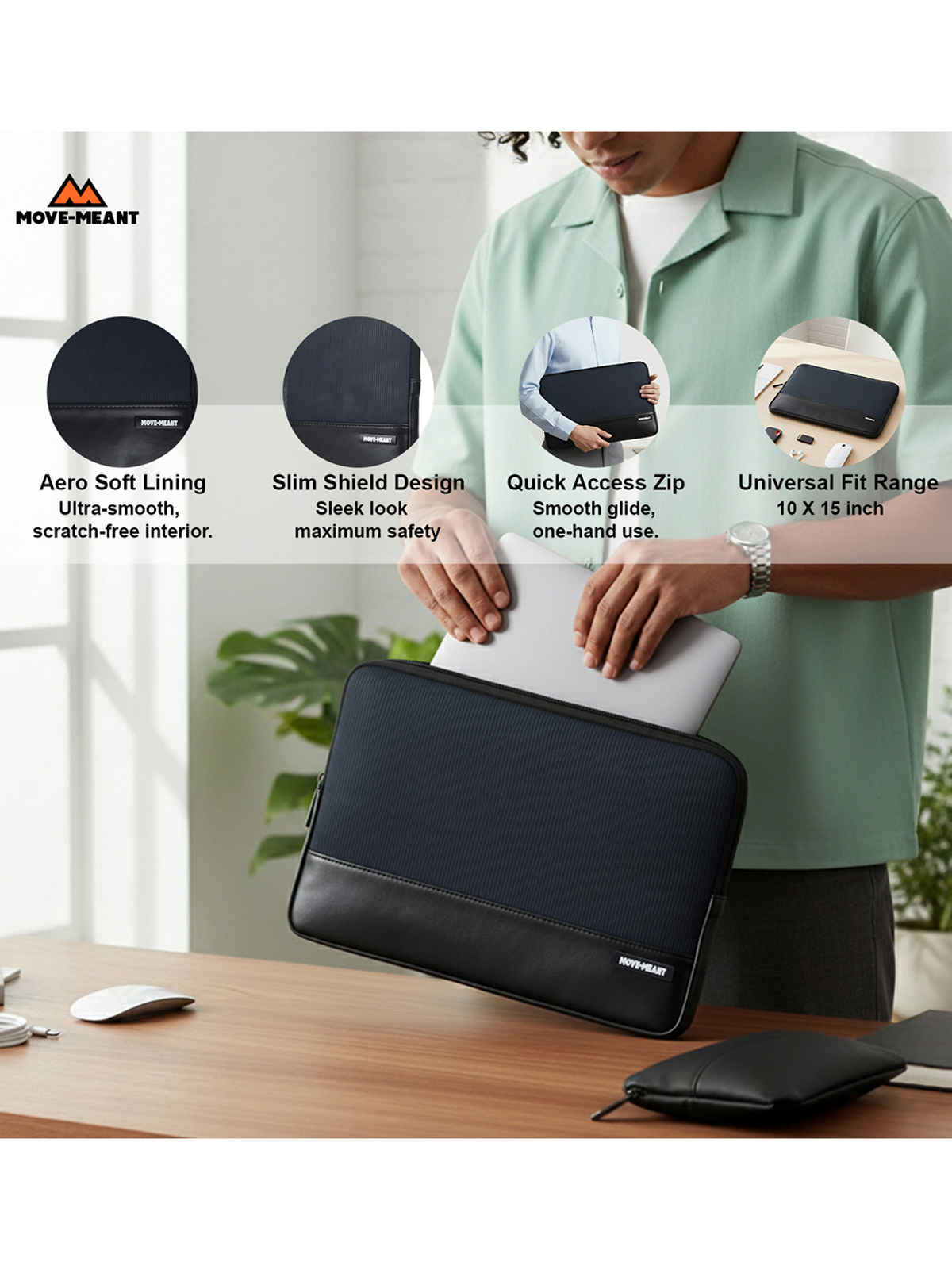 Move-Meant Laptop Sleeve | 11-14 inch | PU, Water-Resistant, Slim Case with Zipper | Black