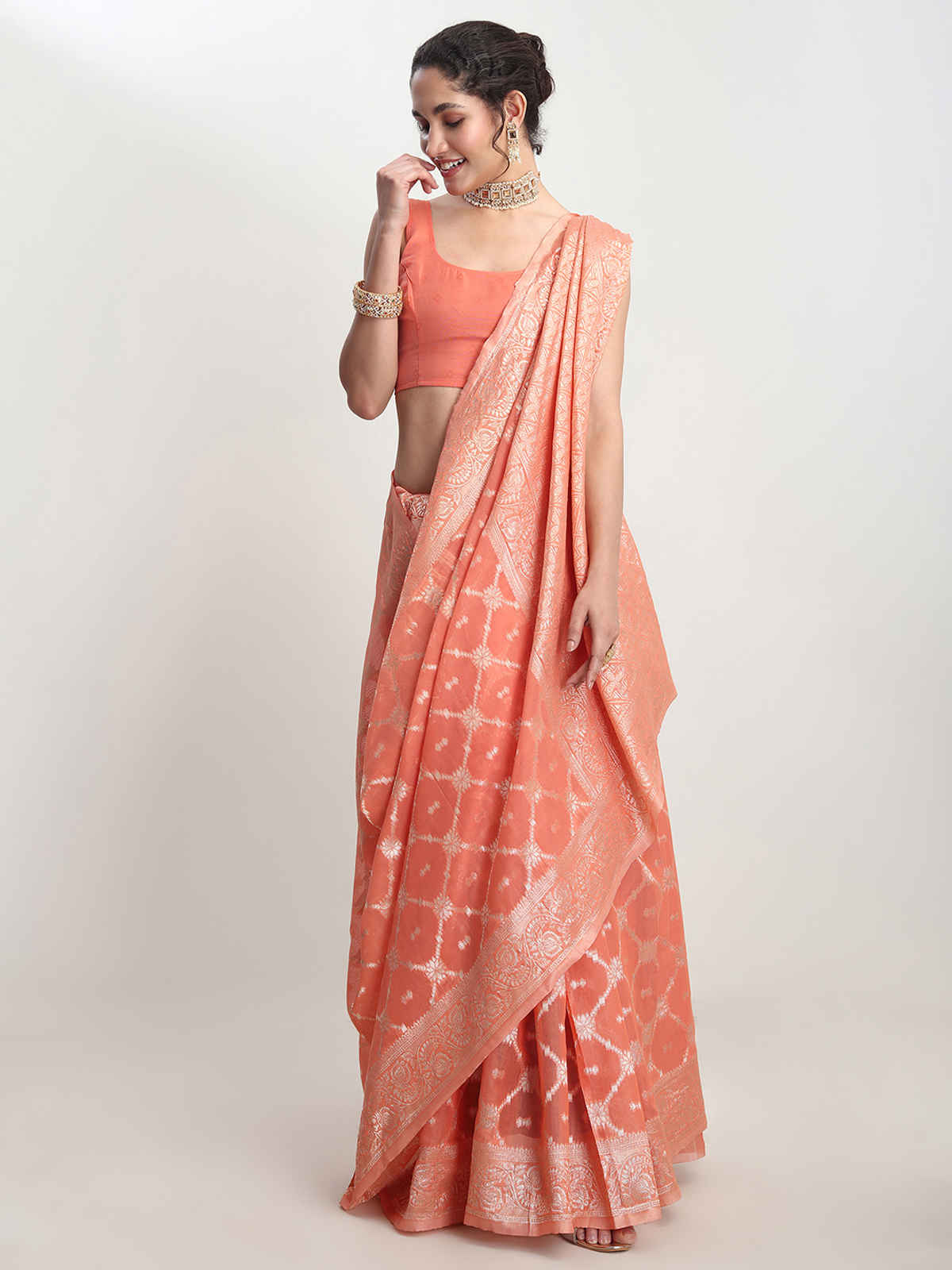 Janasya Women's Silk Blend Geometric Woven Design Jacquard Saree with Blouse Piece | SAR643 | Peach
