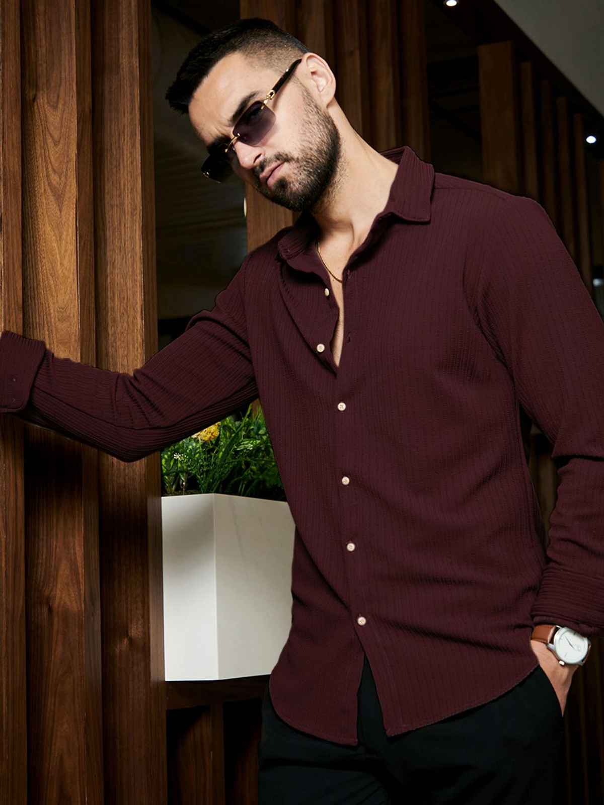 Campus Sutra Men's Stripe-Creased Shirt | Maroon Red - S