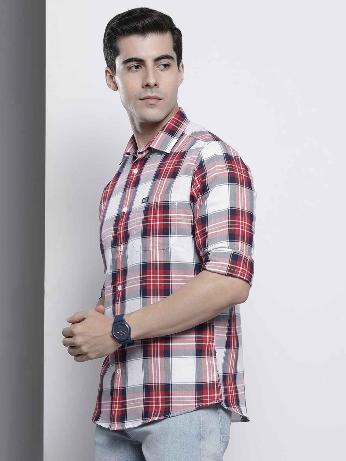 The Indian Garage Co Men's Regular Fit Checkered Casual Shirt | Red - 2XL