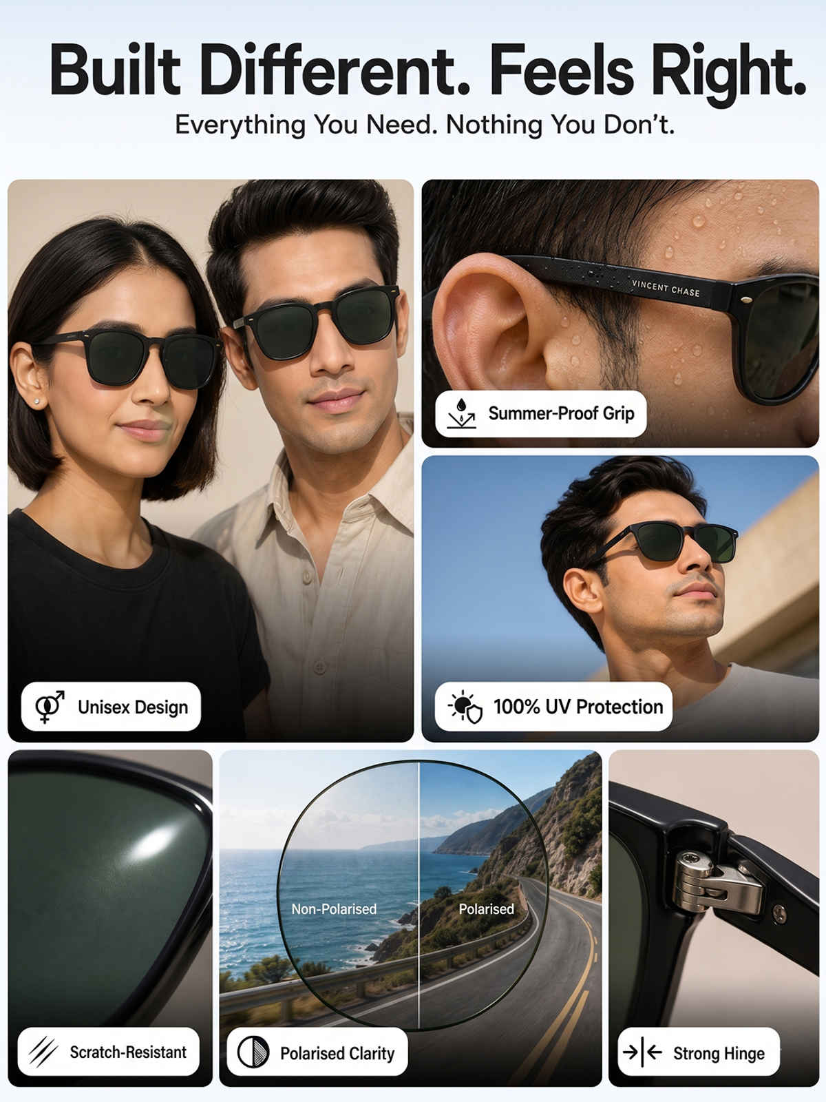 Vincent Chase By Lenskart Unisex Polycarbonate Wayfarer Sunglasses | Black - L