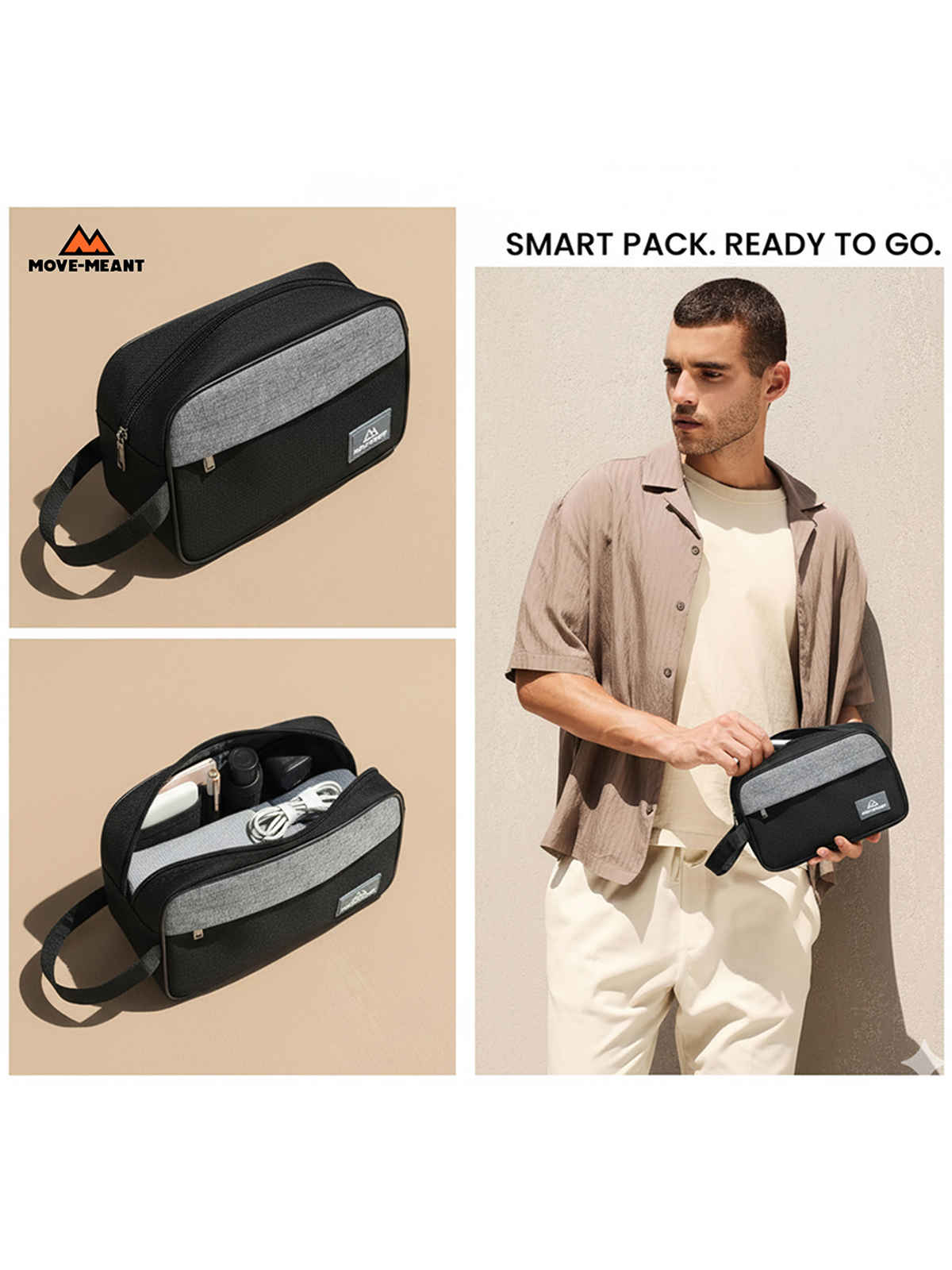 Move-Meant Fresh Kit Toiletry Bag for Men & Women | Water-Resistant Travel Organizer | Black & Grey