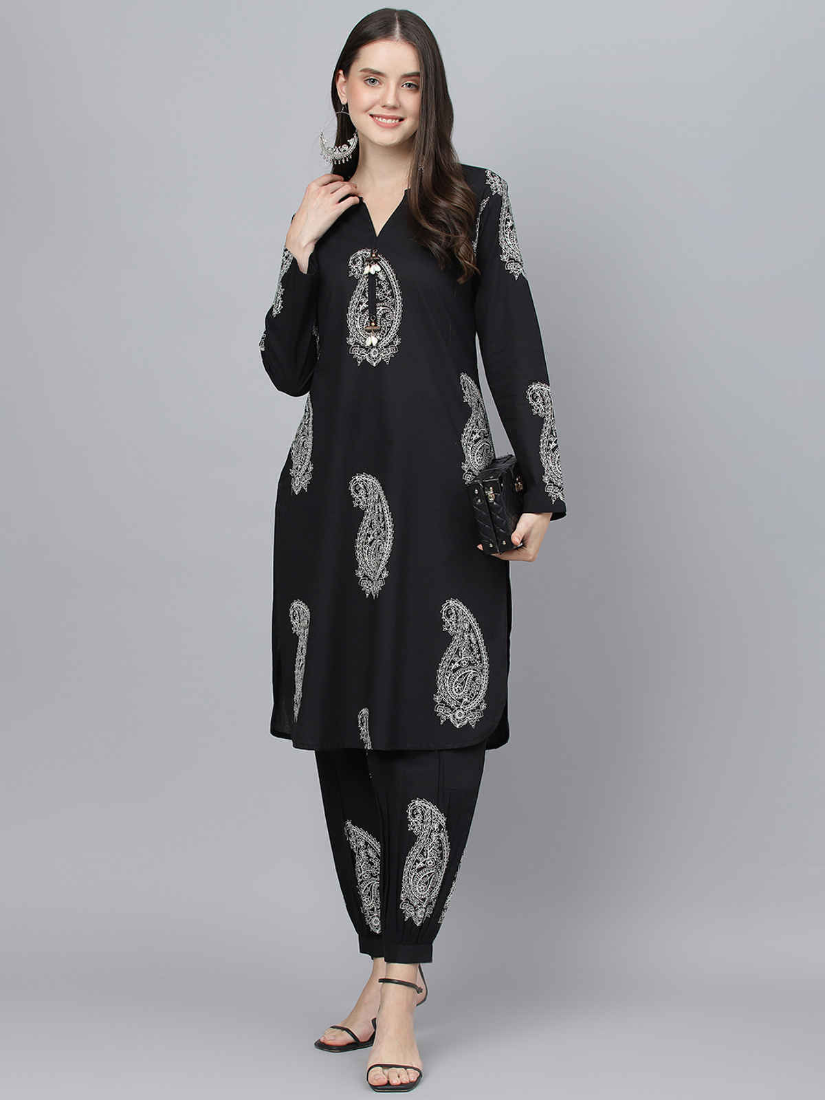 Divena Women's Cotton Straight Kurta with Curve Hem Pant Set | DK0800 | Black - M