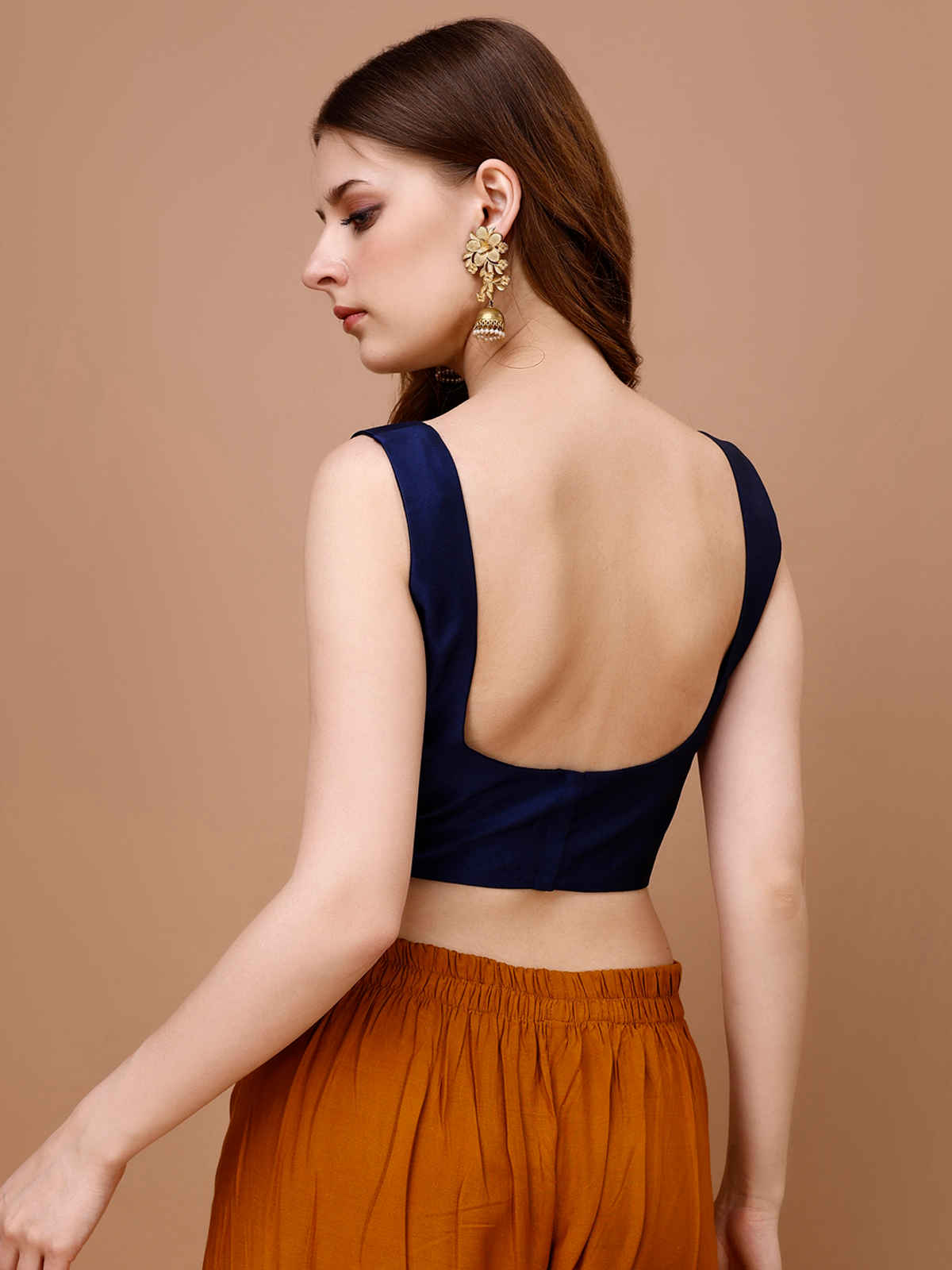 Tikhi Imli Women's Taffeta Sleeveless Stitched Blouse | Blue - L