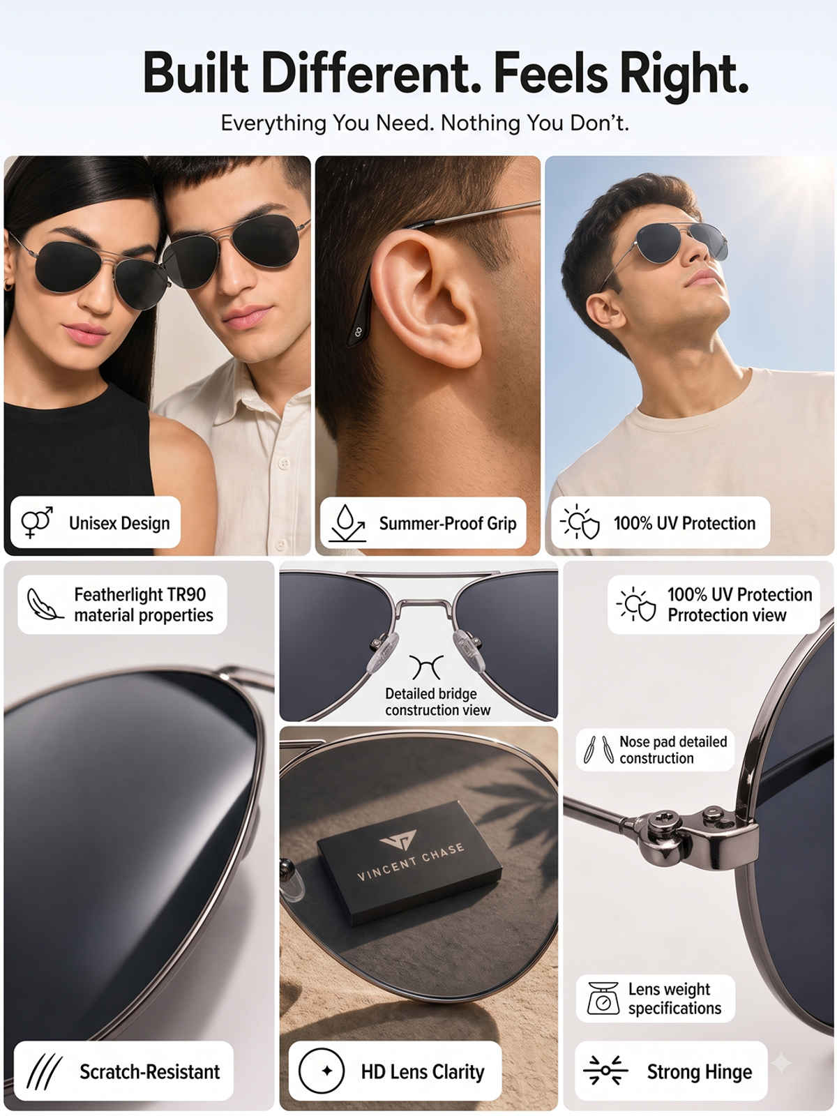 Grey Gunmetal Full Rim Aviator Vincent Chase VC Sun Metal VC S17516 Sunglasses