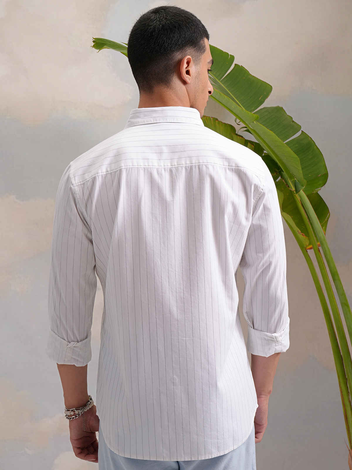 HIGHLANDER Classic Slim Fit Vertical Striped Spread Collar Cotton Casual Shirt | White & Black | L