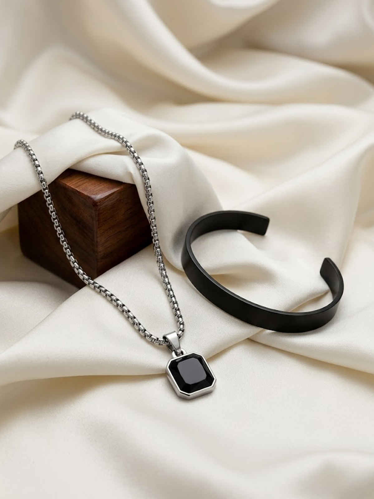 NVR Men's Silver-Plated Stone Pendant Chain & Black Rhodium Stainless Steel Cuff Bracelet Gift Combo
