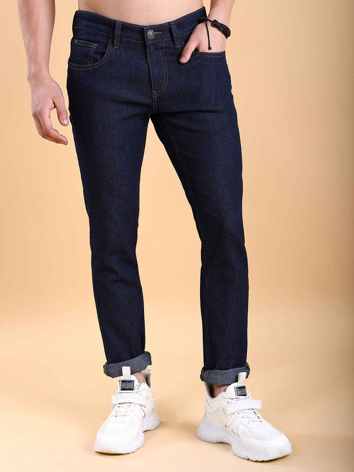 Highlander Men's Straight Fit Mid-Rise Clean Look Stretchable Jeans | Indigo - 30