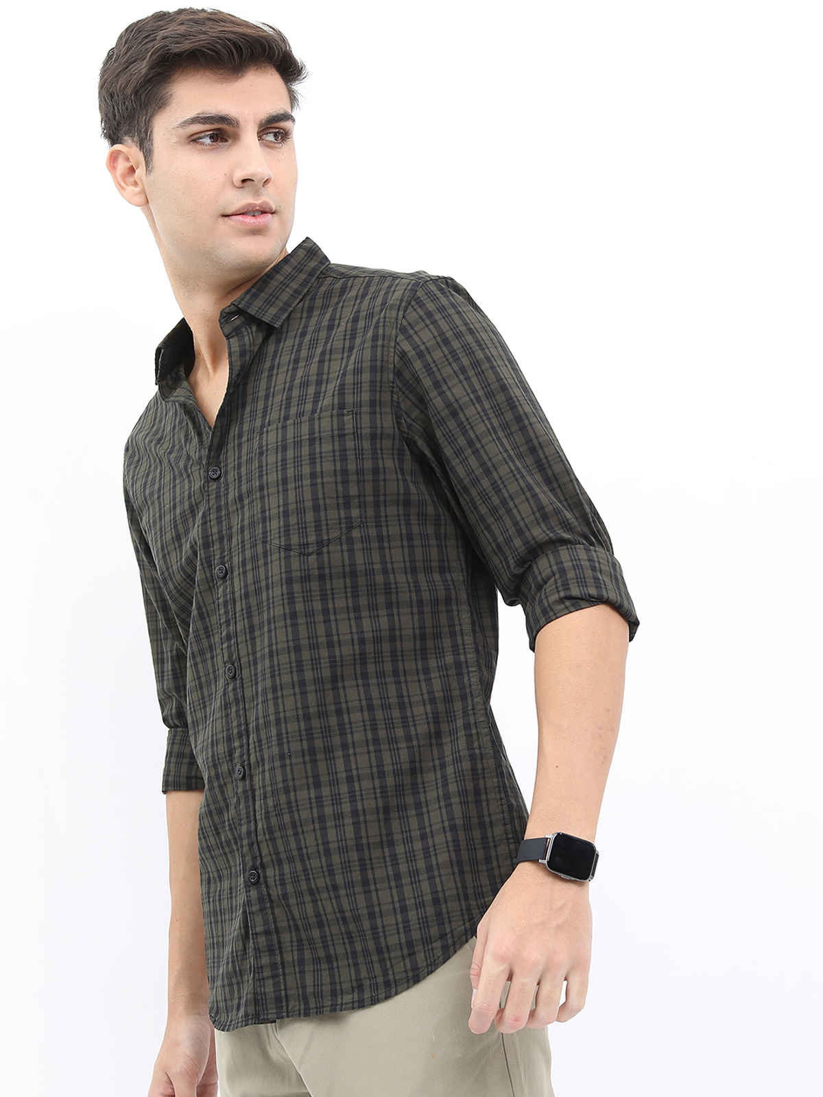 Highlander Men's Slim Fit Checked Casual Shirt - Olive and Black | S