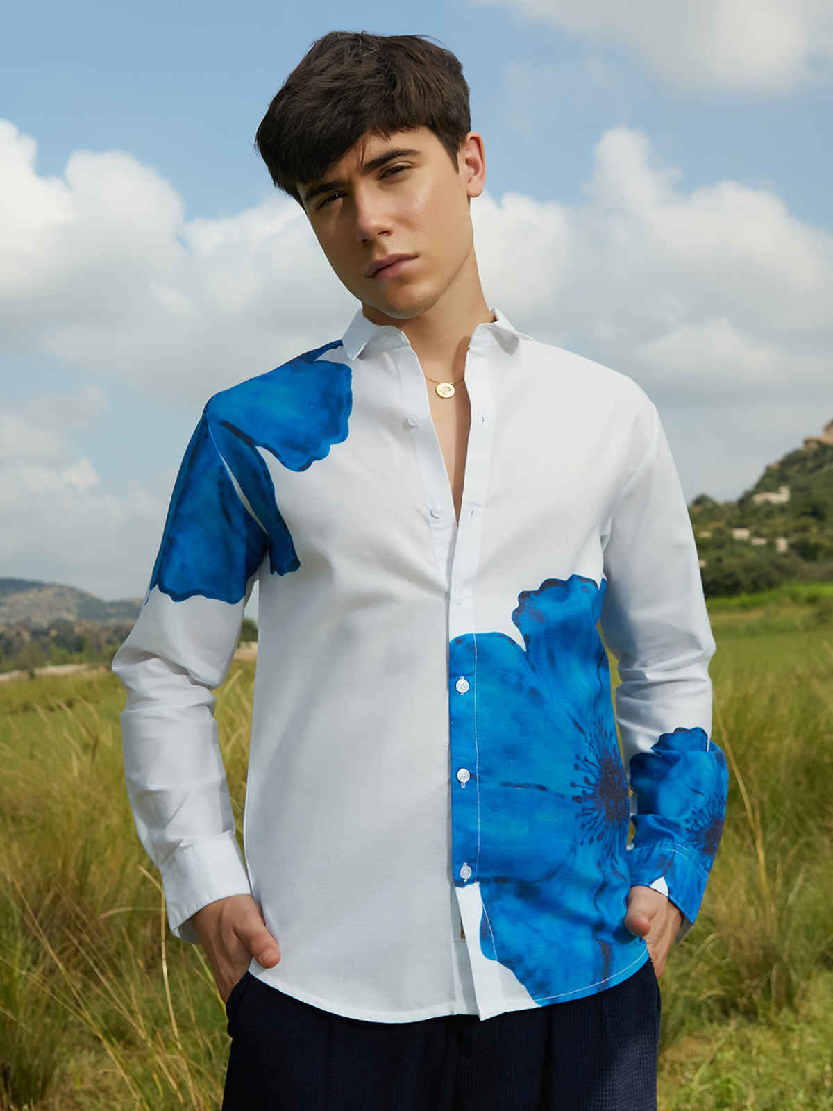 Campus Sutra Men's Primrose Flora Shirt | Royal Blue - M