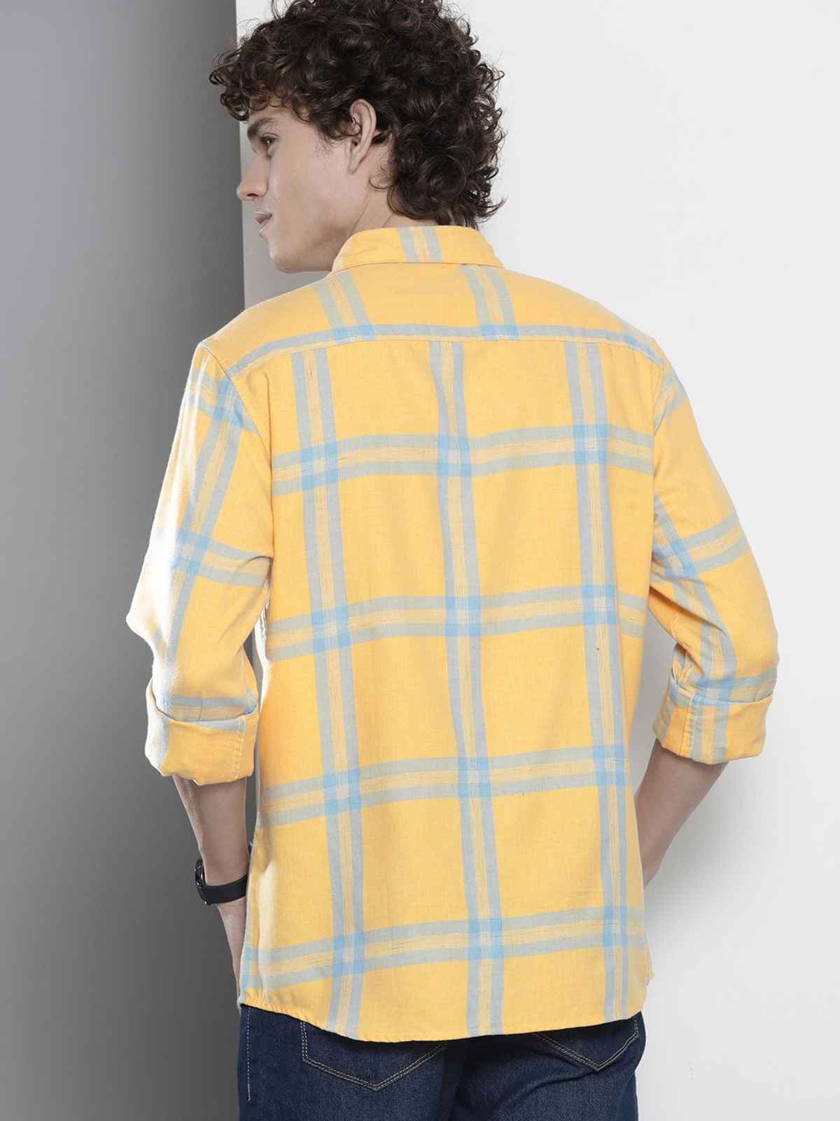 The Indian Garage Co Men's Regular Fit Checked Casual Shirt | Yellow - M