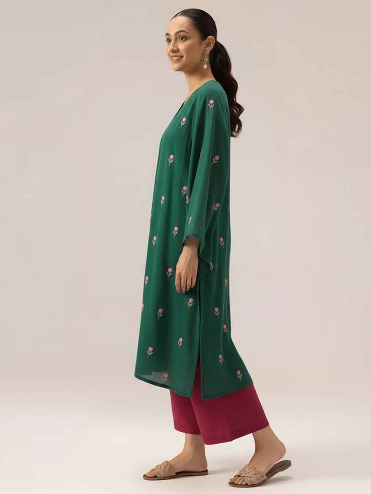 GoSriKi Women's Rayon Viscose A-Line Printed Kurta with Palazzo | Qushi Green | S