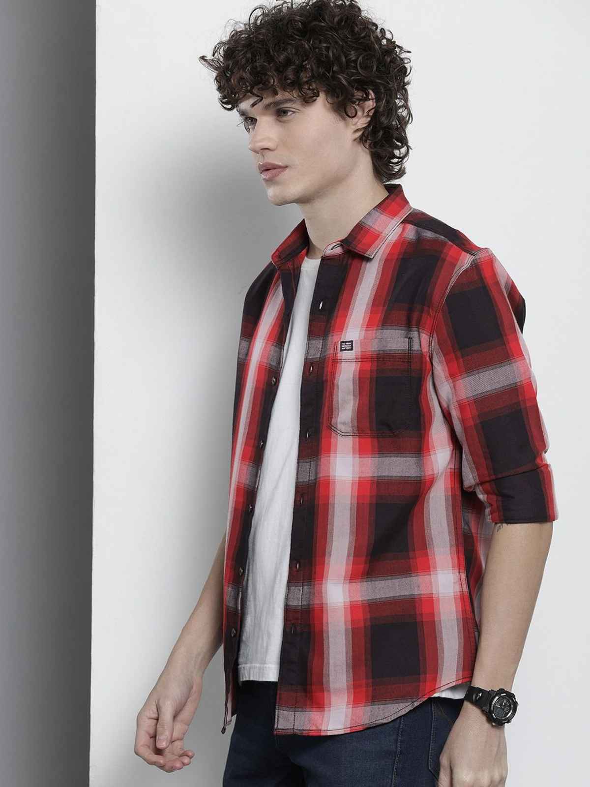 The Indian Garage Co Men's Slim Fit Checked Casual Shirt | Black - L