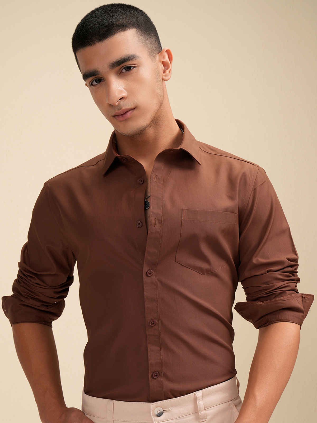 Highlander Men's Solid Casual Shirt| Peanut - M