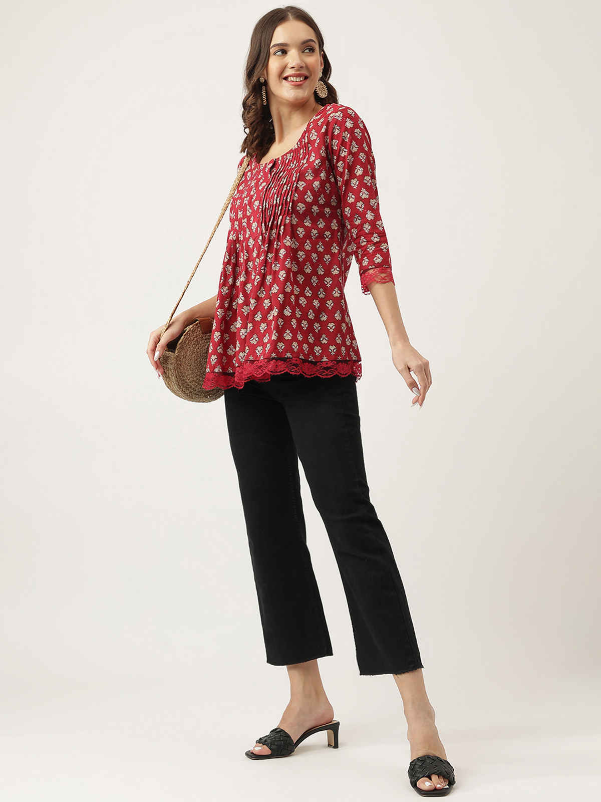 Divena Women s Red Floral Printed Cotton Peplum Tunic DK0966 | L