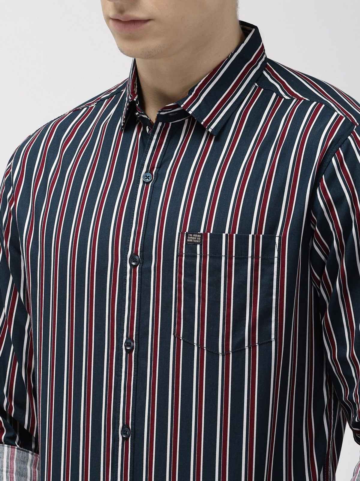 The Indian Garage Co Men's Slim Fit Multi Stripes Casual Shirt | Navy Blue - 2XL