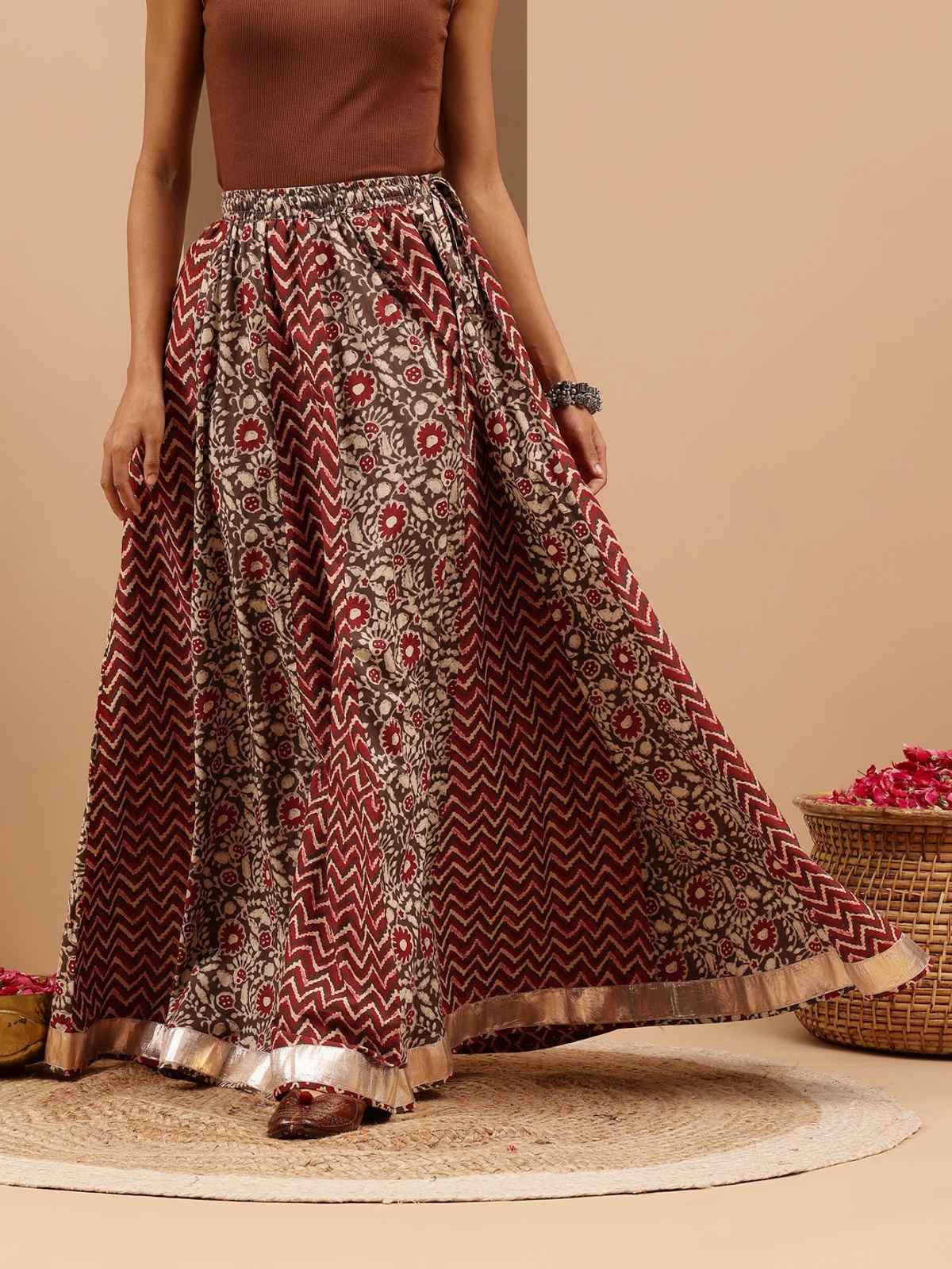 Janasya Women's Cotton Flared Skirt | JAB25SK03248 | Maroon - S
