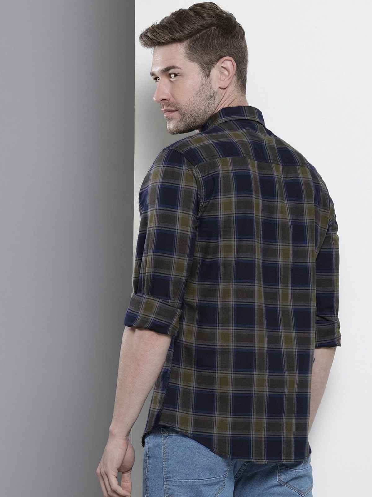 The Indian Garage Co Men's Slim Fit Checkered Casual Shirt | Navy Blue & Green - M
