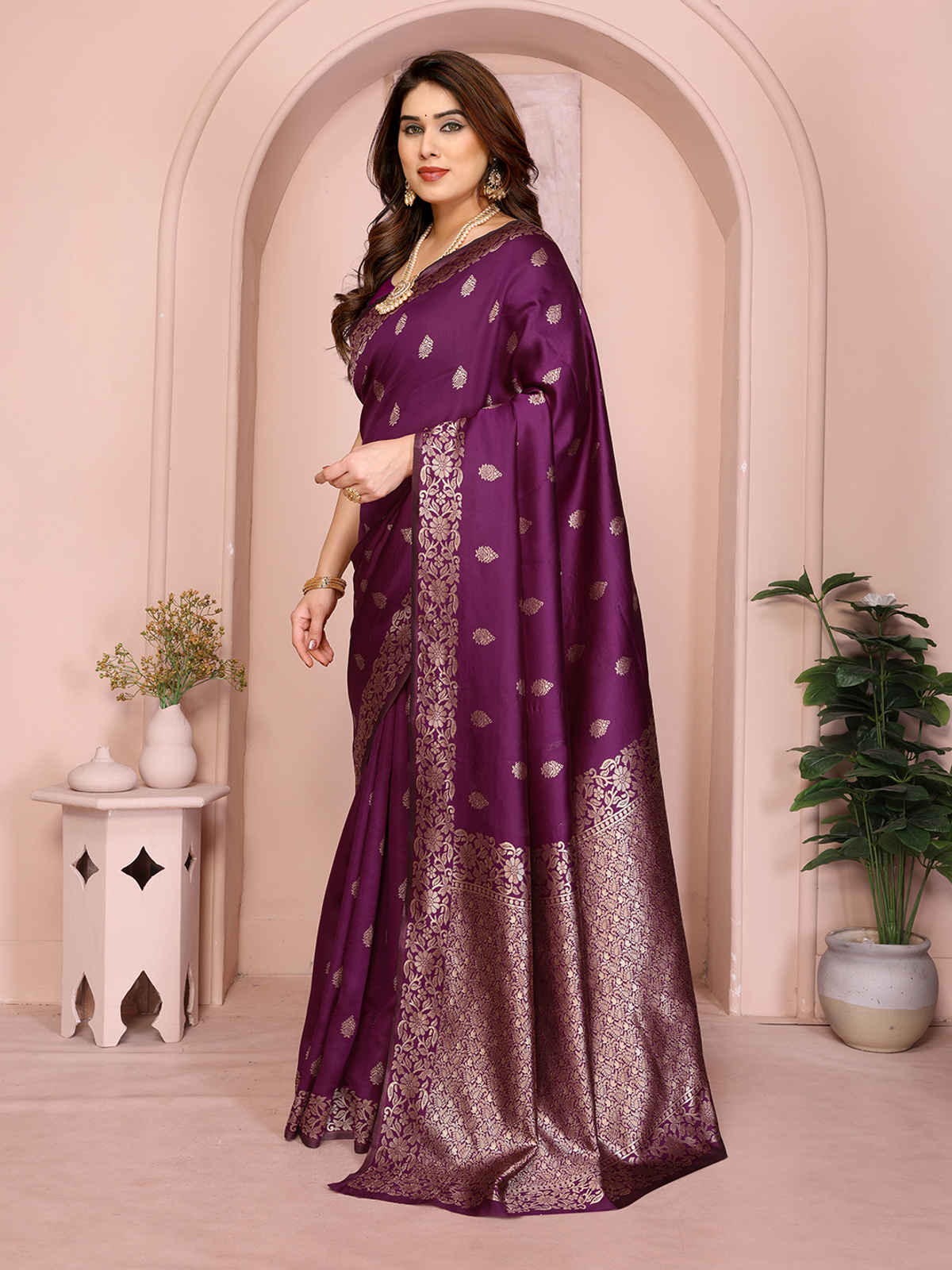 Hema Silk Mills Women Woven Banarasi Silk Blend Saree | Wine