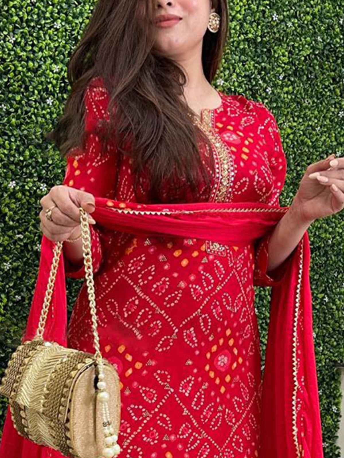 GoSriKi Women's Rayon Blend Straight Printed Kurta with Pant & Dupatta | TURAE | Red - S