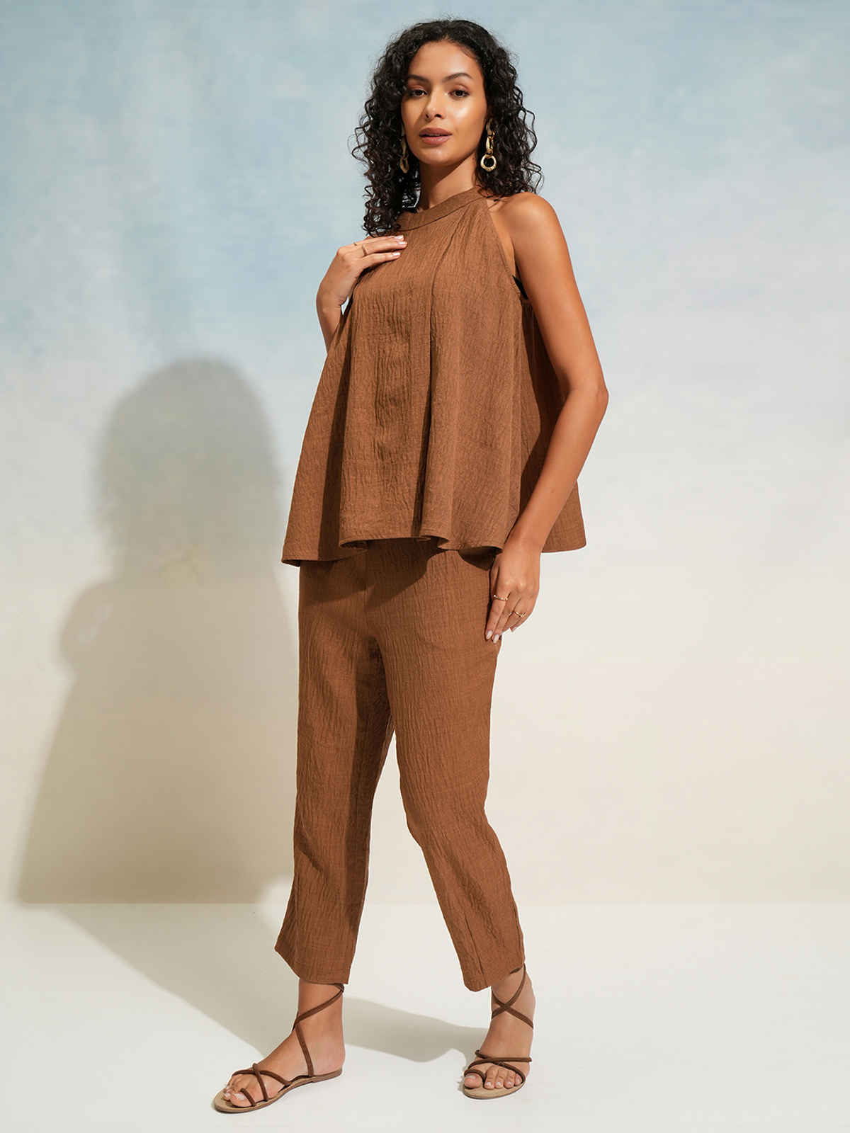 Tokyo Talkies Women's Solid Relaxed Top & Trouser Co-Ord Set | Brown - L