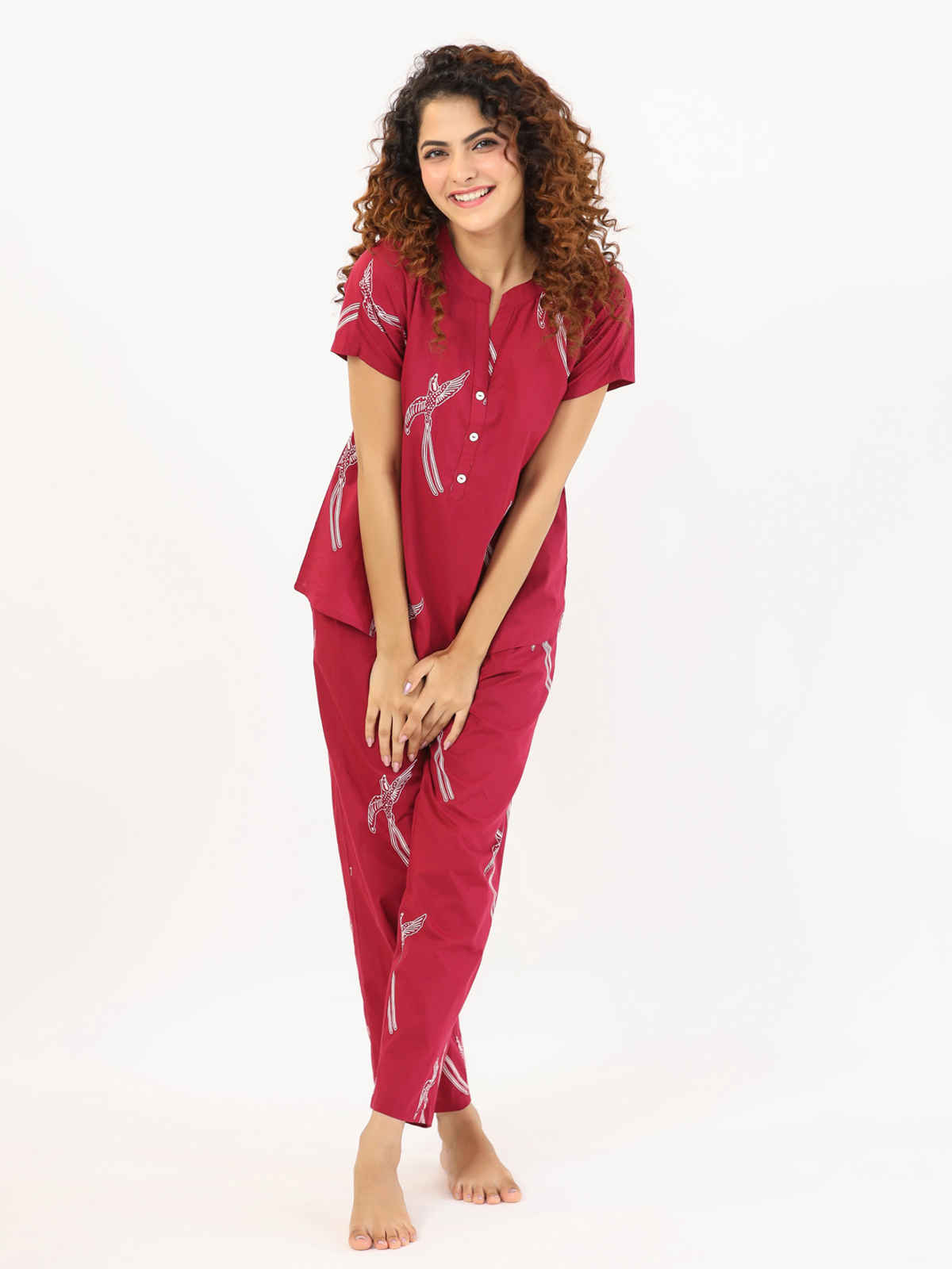 Sanskrutihomes Conversational Printed Mandarin Collar Pure Cotton Night Suit | Magenta - S