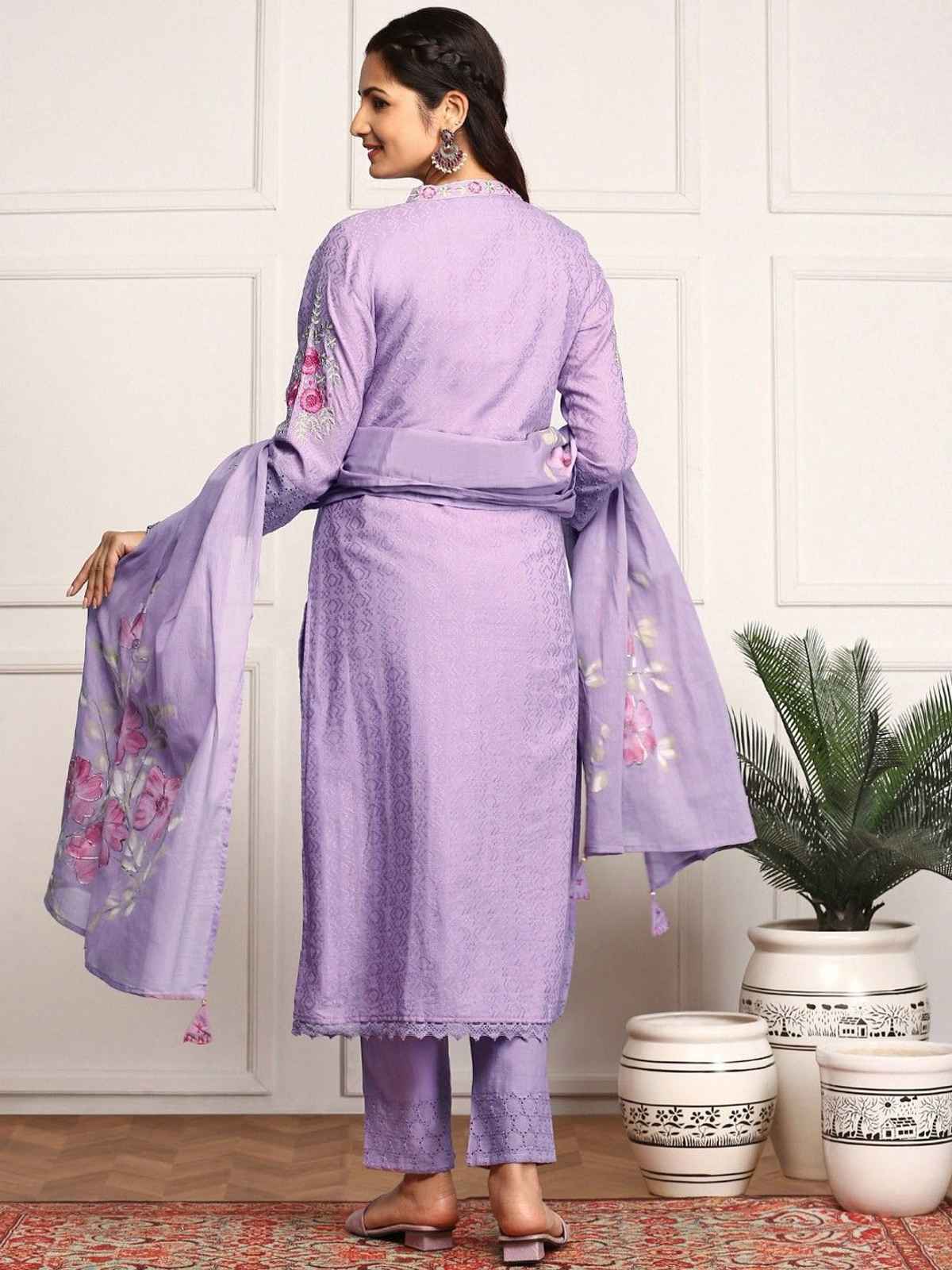 Ishin Women's Cotton Kurta Set with Dupatta | Purple - L