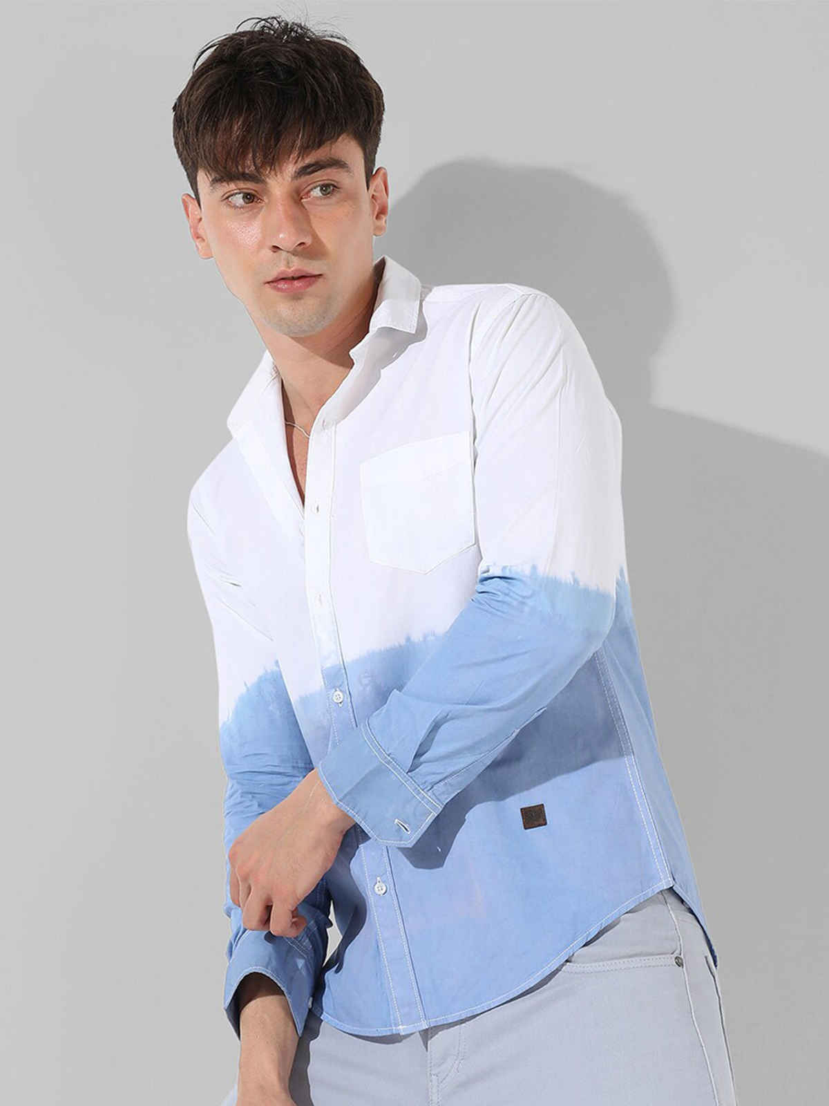 Campus Sutra Men's Contrast Ombre Shirt | White & Blue - S