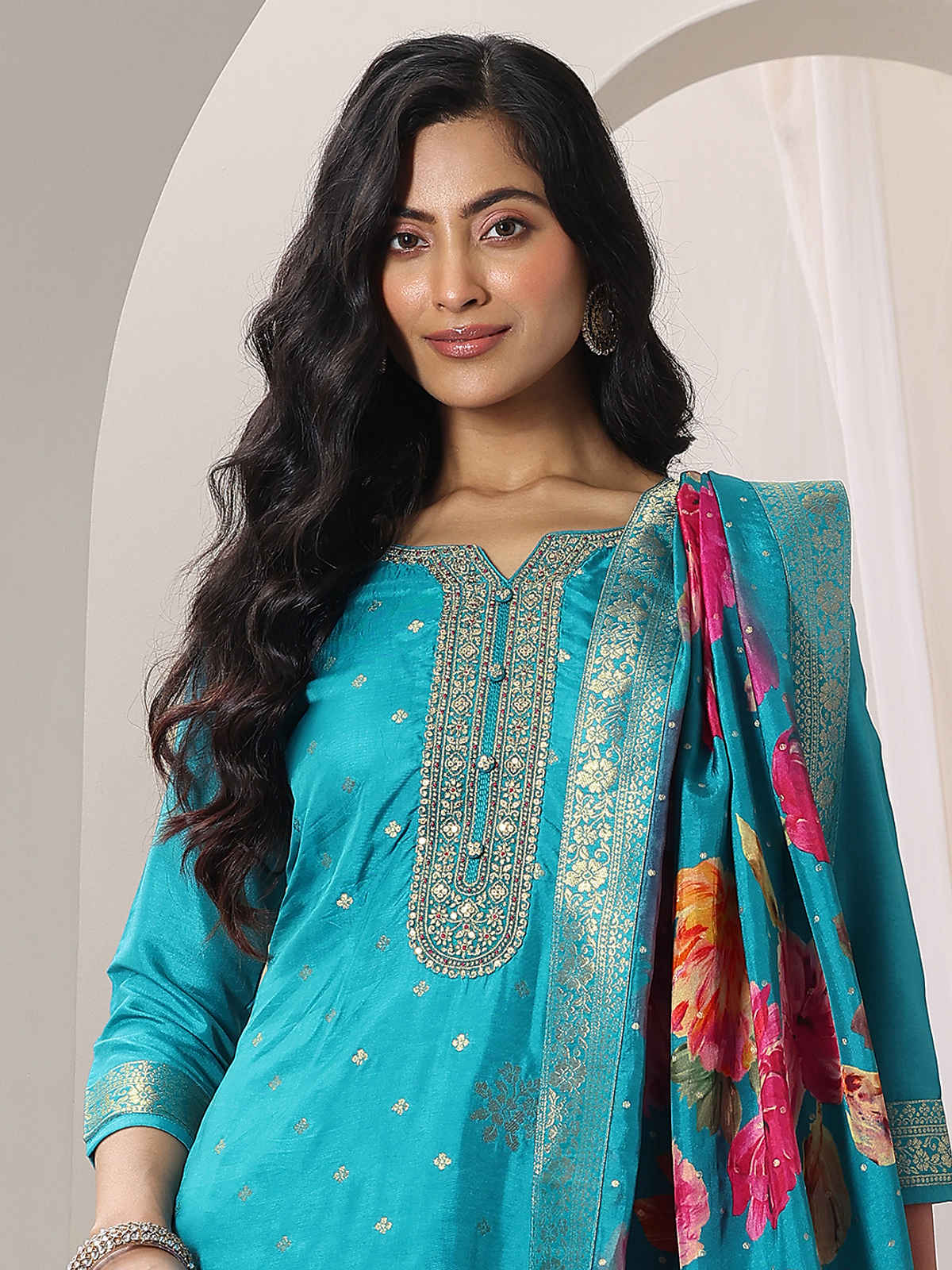 Libas Rama Woven Design Silk Blend Straight Suit Set With Dupatta | 99077OR | Blue - L