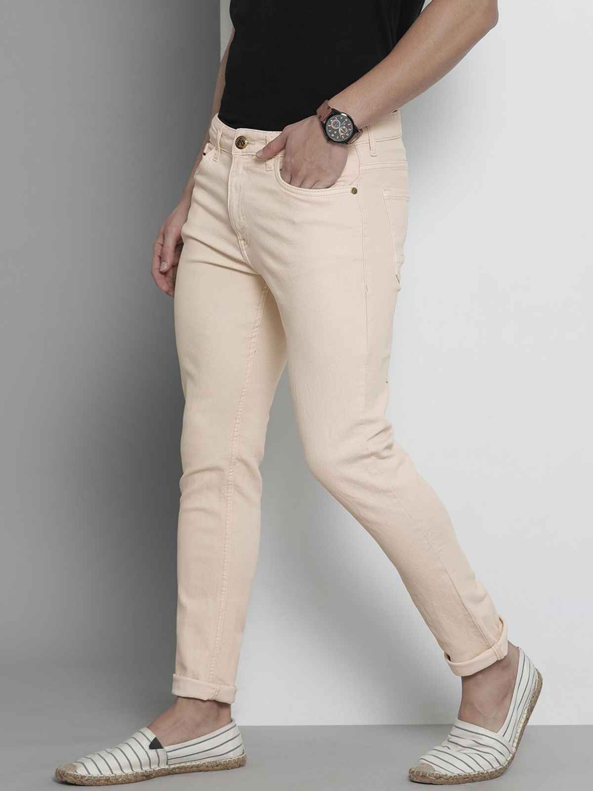 The Indian Garage Co Men | Slim Fit Solid Casual Jeans | Light Beige | 34