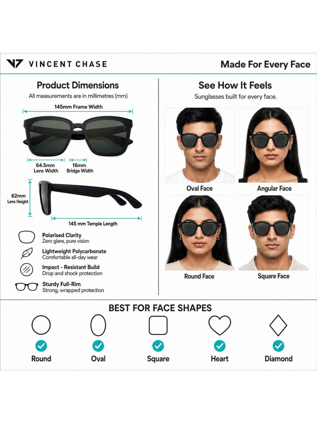 Black Green Full Rim Square Vincent Chase HAVANA VC S14526-C2 Sunglasses