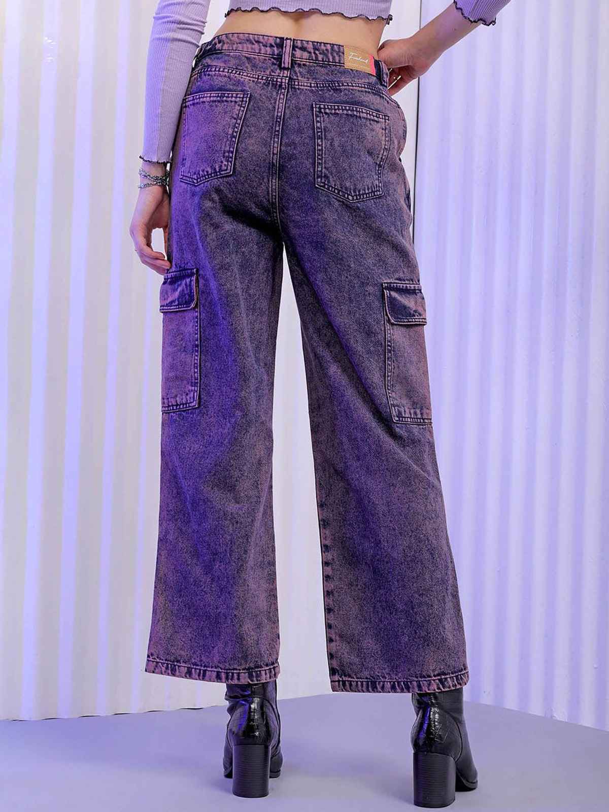 Freehand Women's Street Denim Patch Pocket Multi Pocket Utility Carpenter Denim Jeans | Purple - 28
