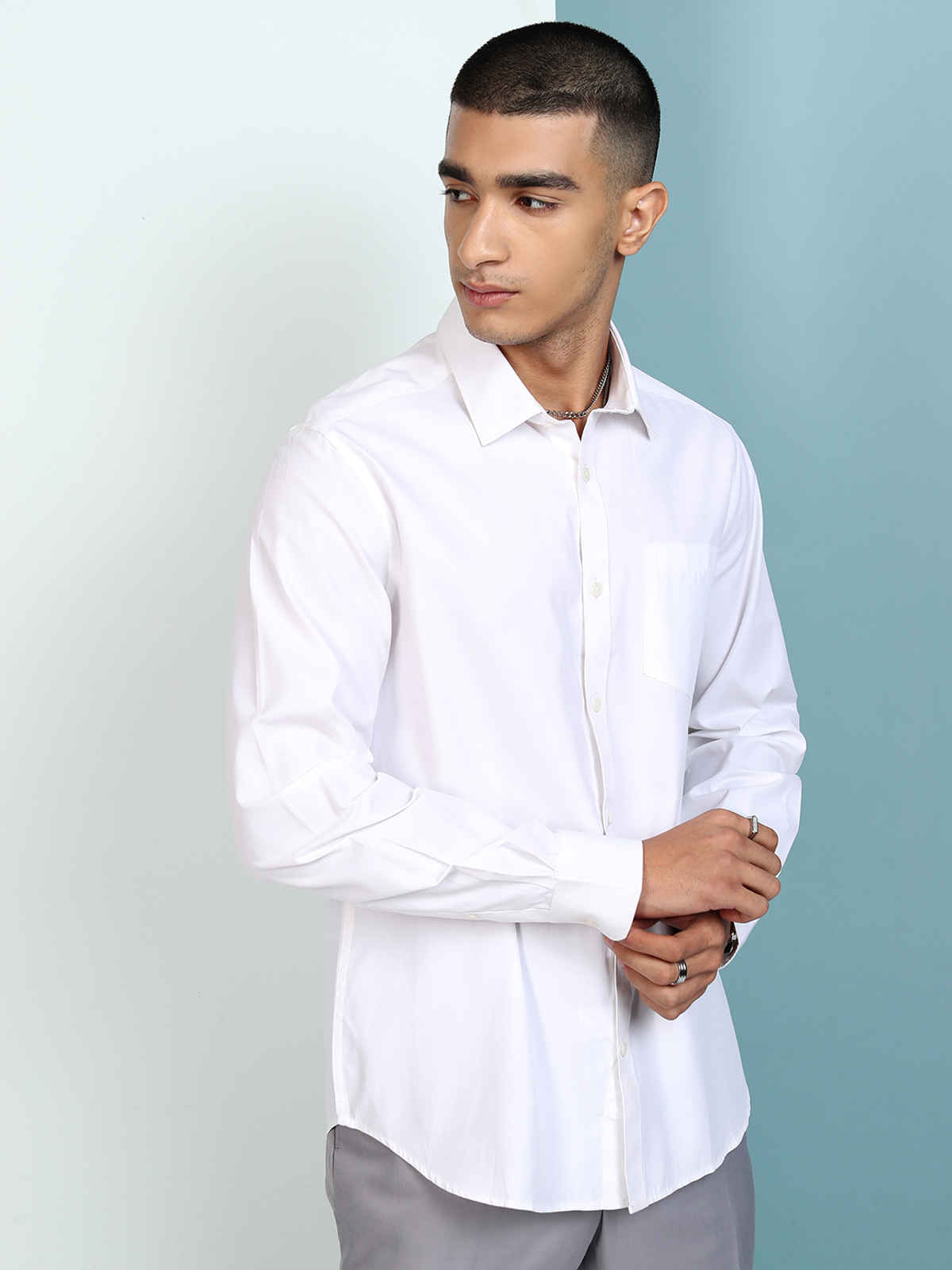 Highlander Men's Regular Fit Button Down Collar Full Sleeve Satin Shirt | White | XL