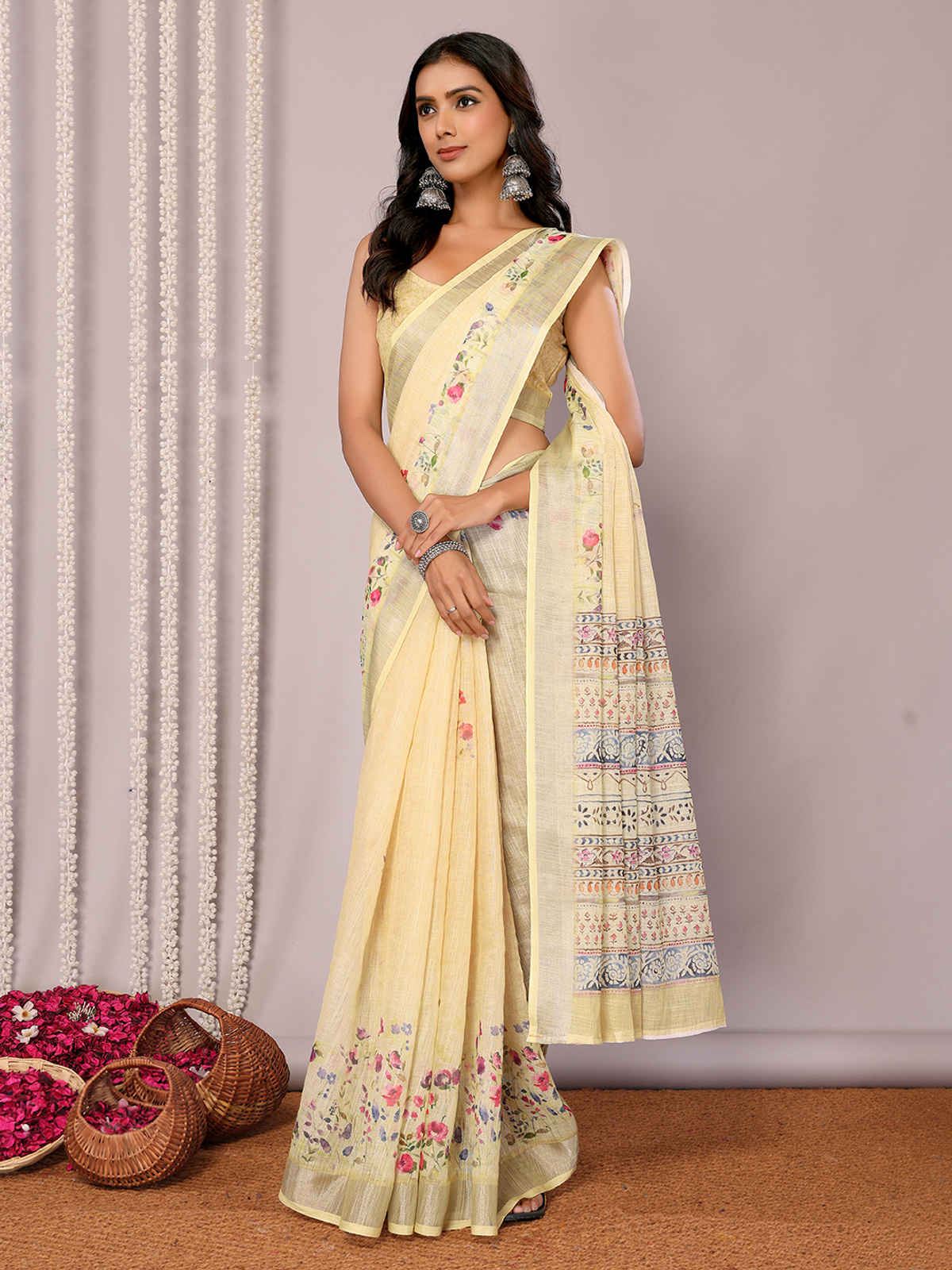 Janasya Women's Cotton Linen Floral Printed Saree with Blouse Piece | SAR449 | Light Yellow
