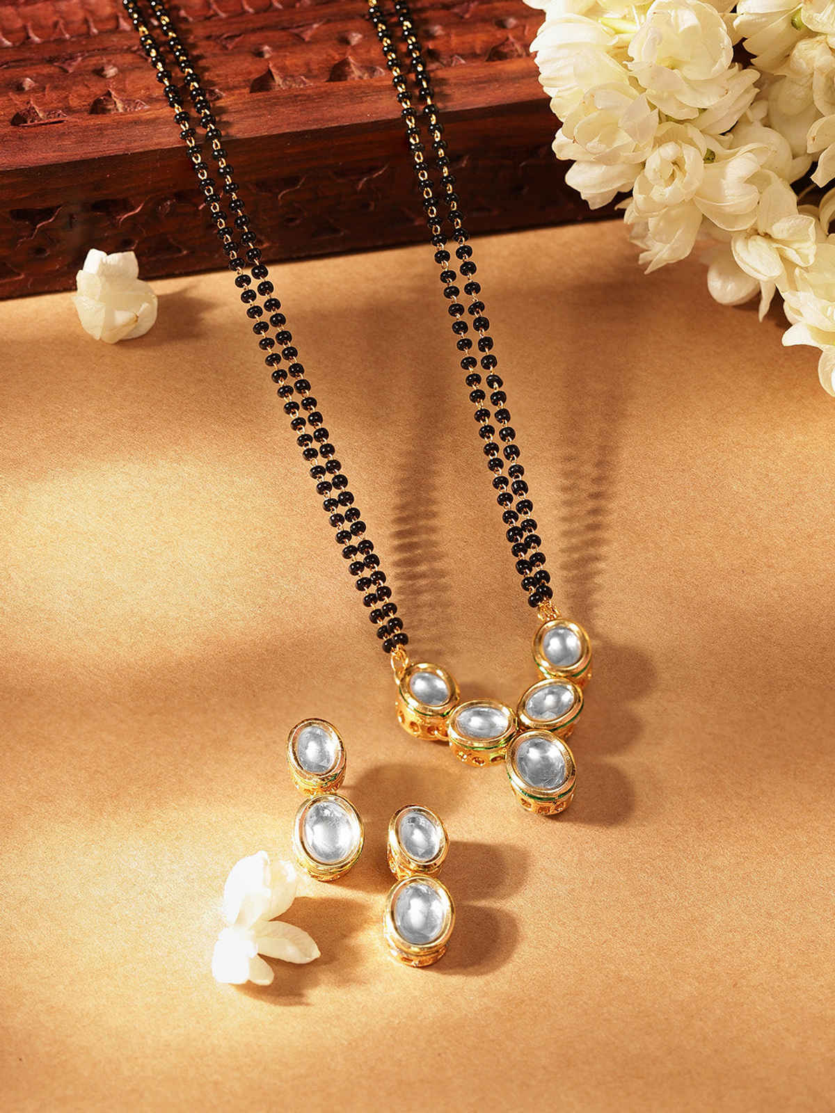 Priyaasi Kundan Gold Plated Pendant With Mini Kundan Gold Plated Earrings Manglasutra Set