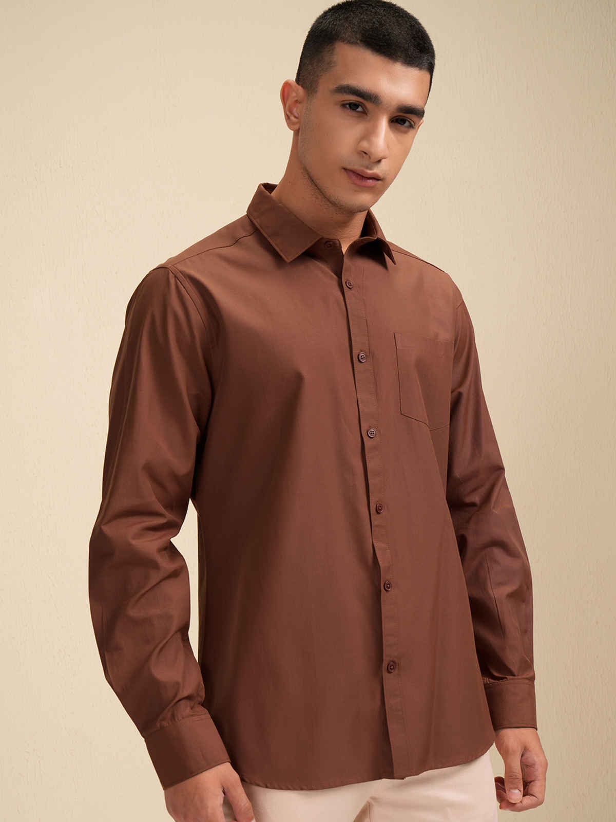 Highlander Men's Solid Casual Shirt| Peanut - M