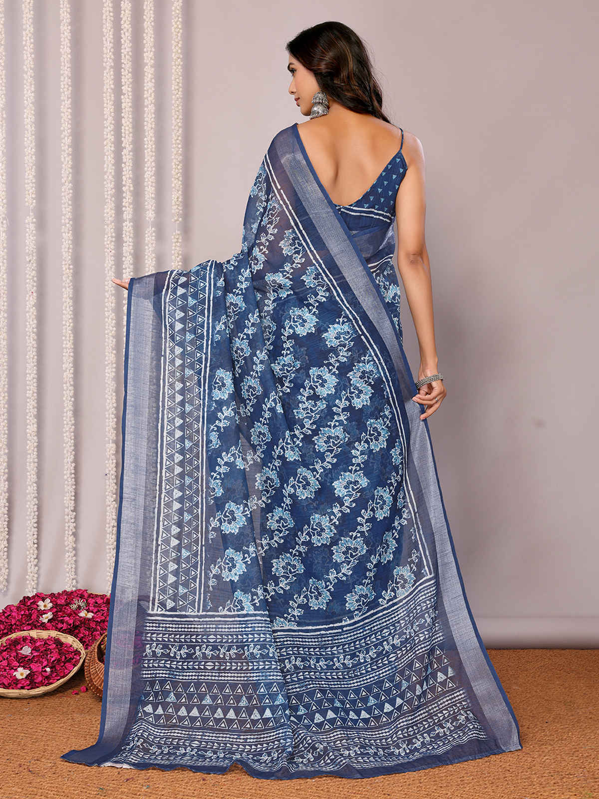 Janasya Women's Cotton Linen Floral Printed Saree with Blouse Piece | SAR444 | Navy Blue