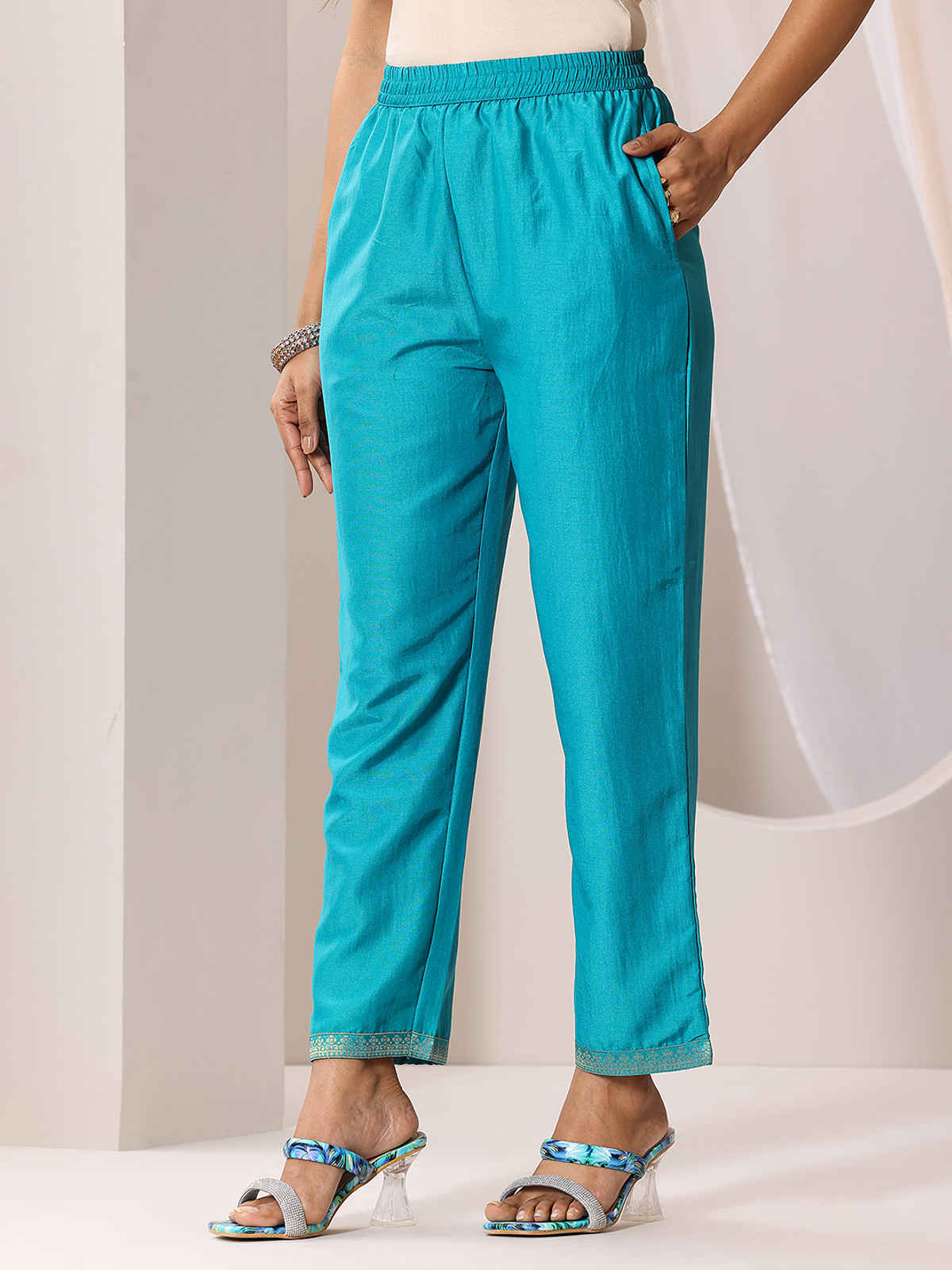 Libas Rama Woven Design Silk Blend Straight Suit Set With Dupatta | 99077OR | Blue - L