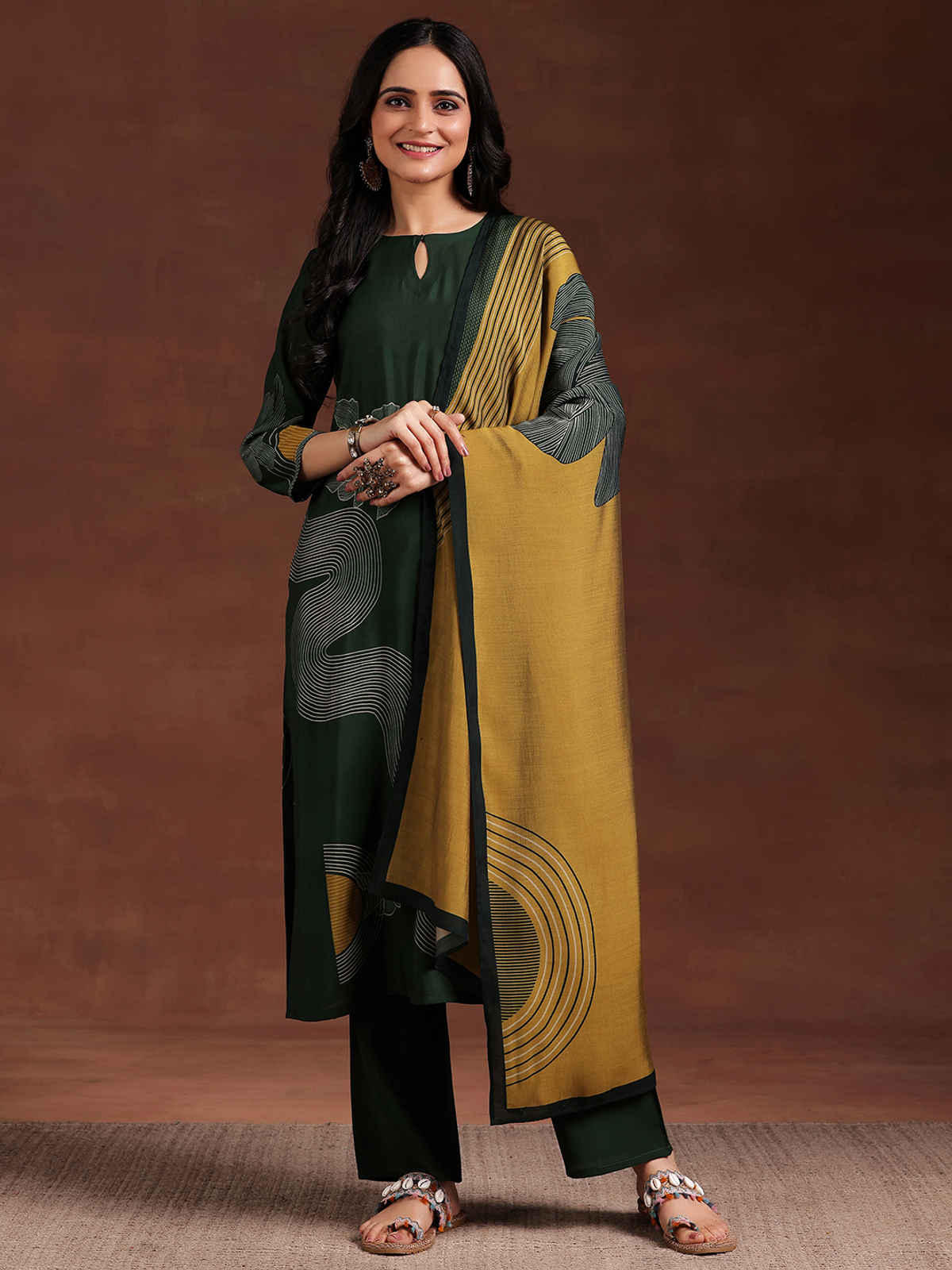 Libas Printed Silk Blend Straight Suit With Dupatta | 36771OH | Green - M