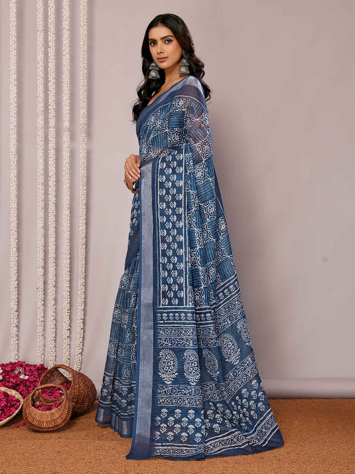 Janasya Women's Cotton Linen Block Print Printed Saree with Blouse Piece | SAR450 | Navy Blue