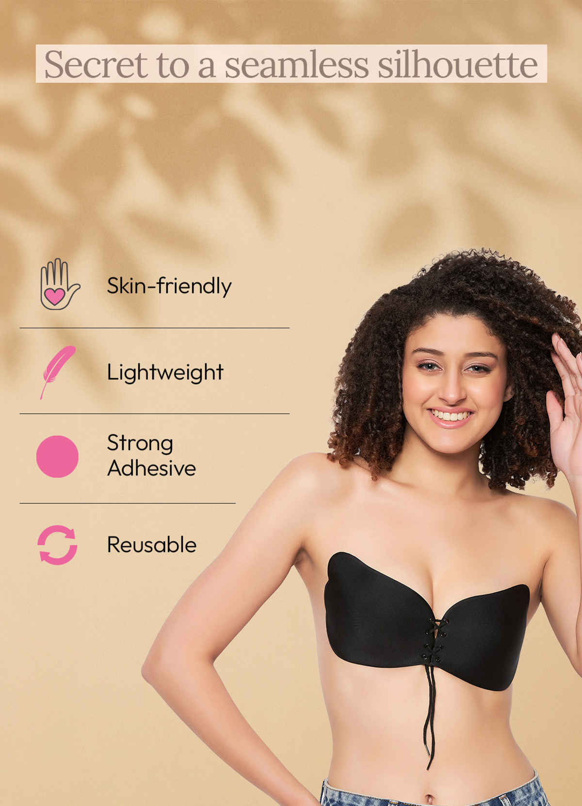 Clovia Stick-on Bra with Tie-ups in Black - Free Size