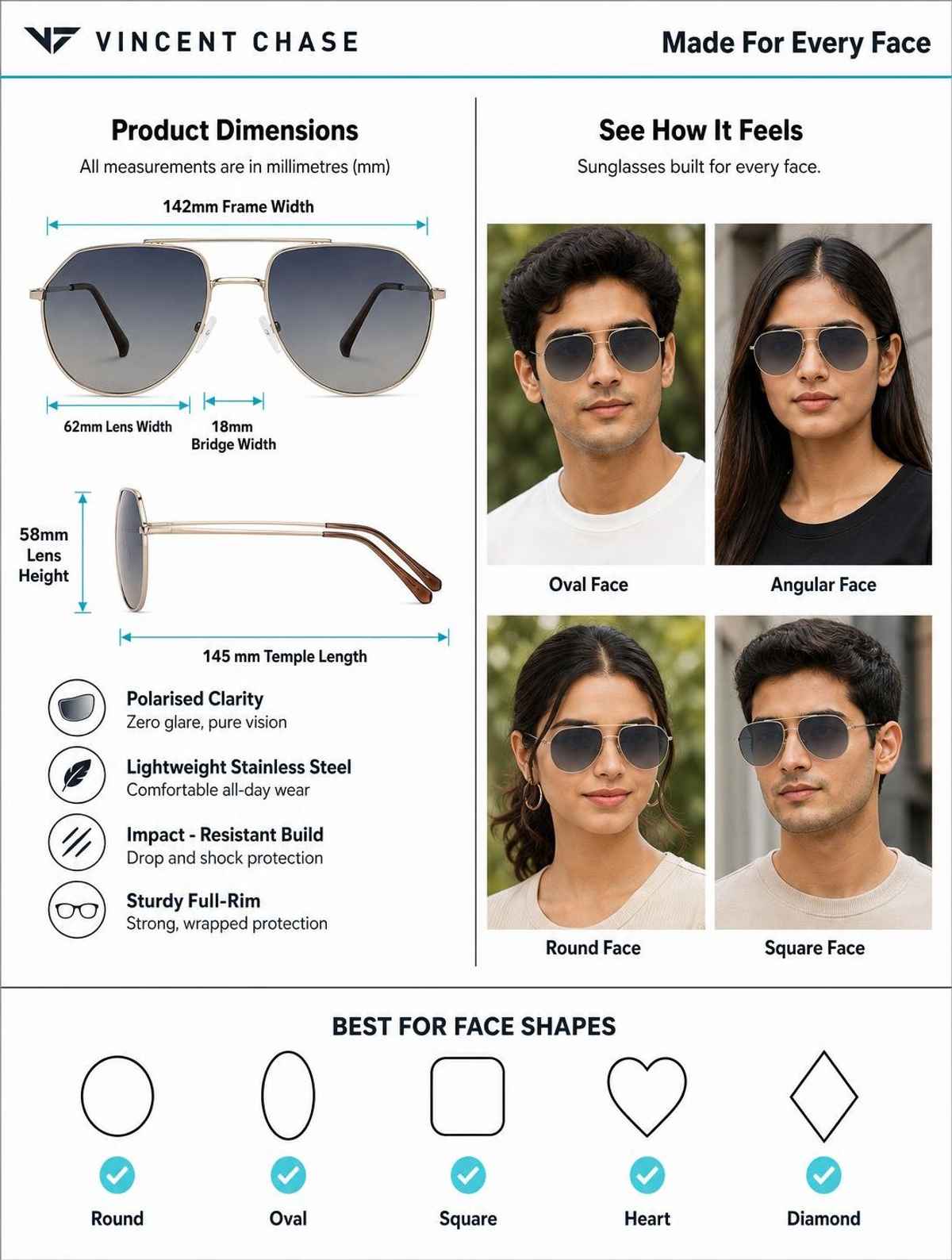 Vincent Chase By Lenskart Unisex Solid Metal Aviator Sunglasses | Black and Gold - L