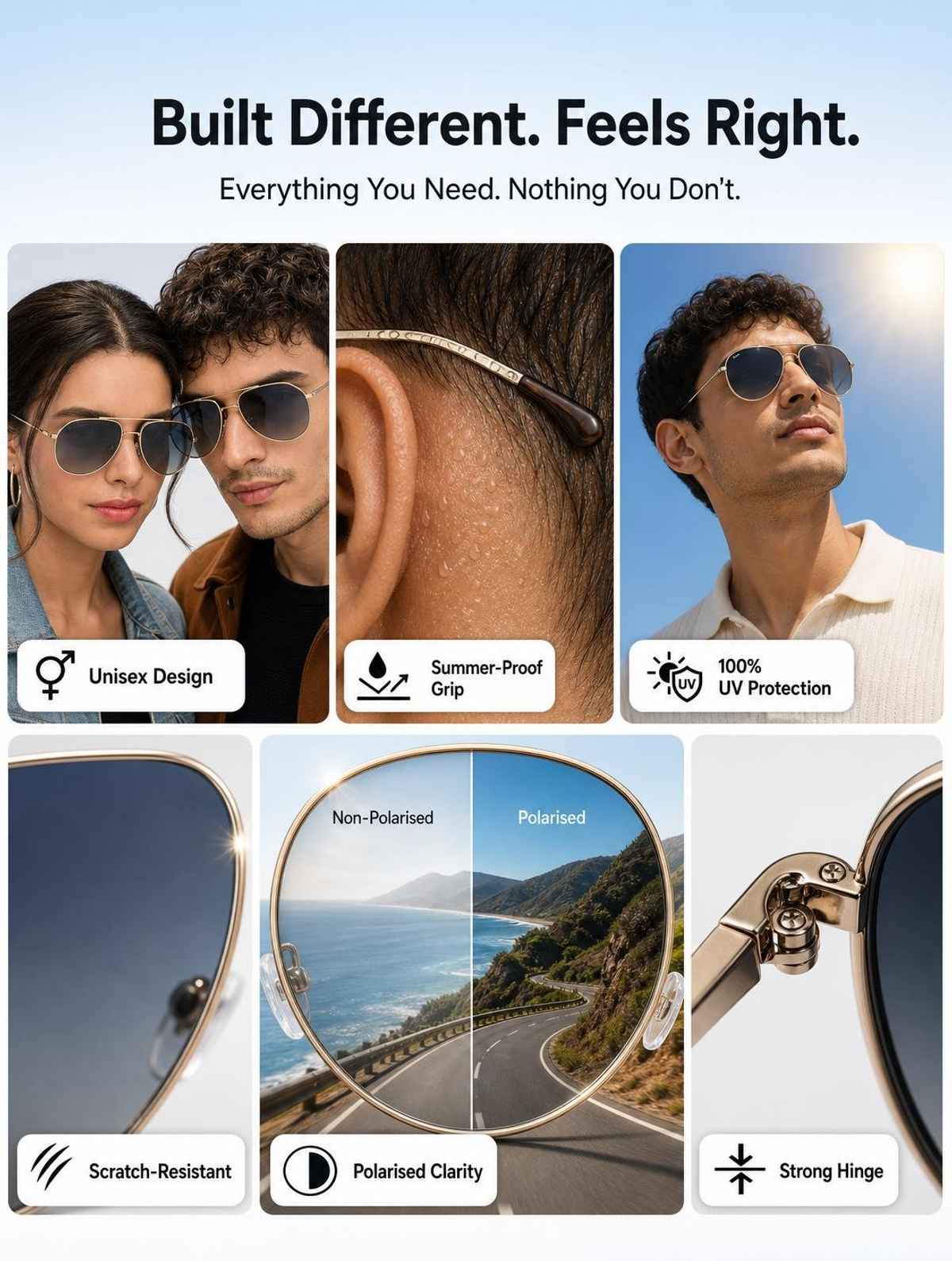 Vincent Chase By Lenskart Unisex Solid Metal Aviator Sunglasses | Black and Gold - L