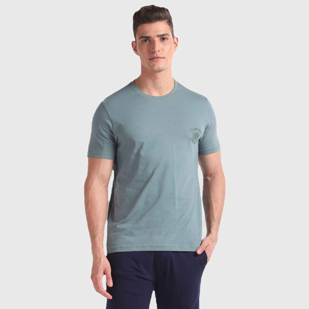 USPA Round Neck Cotton Lounge T - Shirt For Men - Grey and Green - L