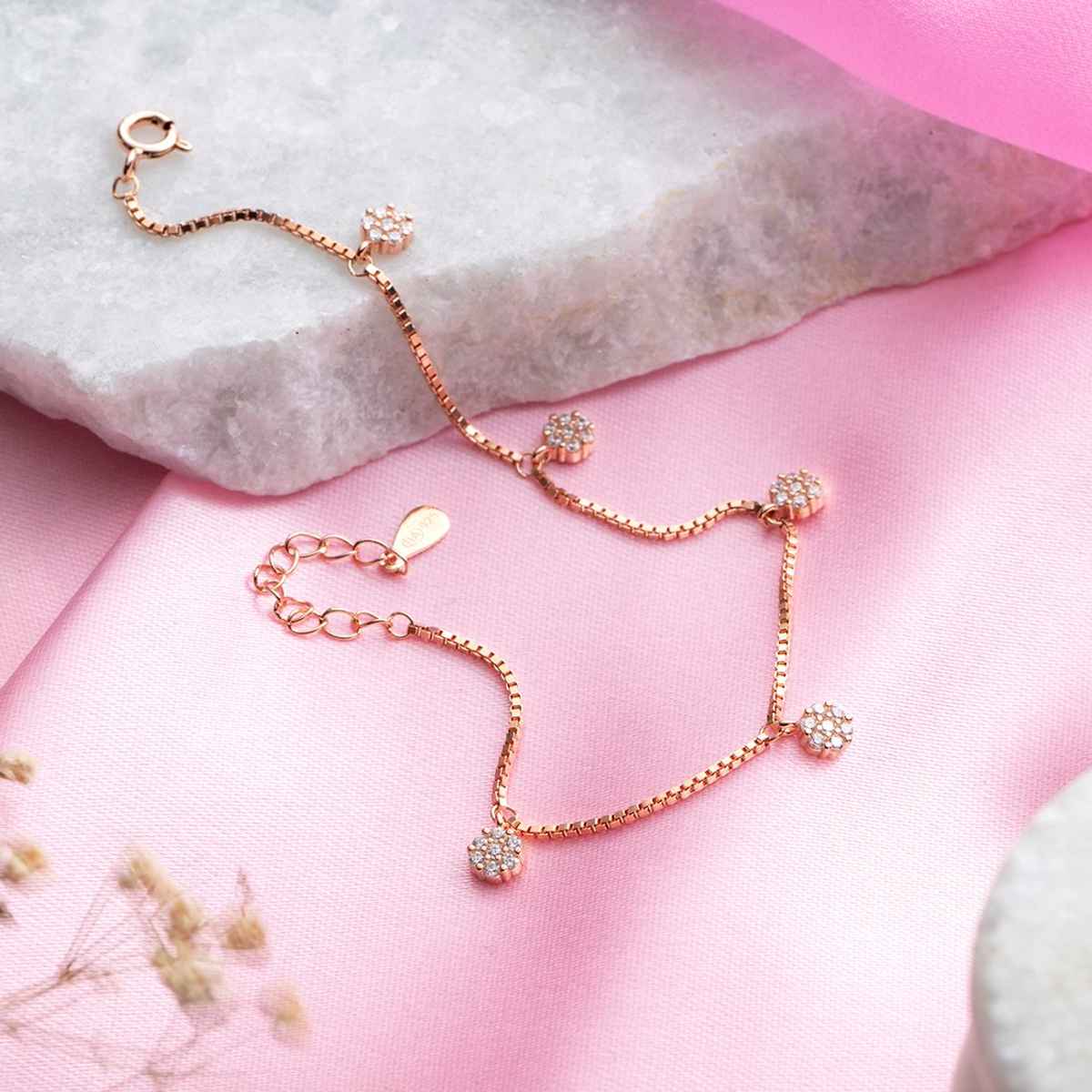Zavya Floral CZ Rose Gold Plated 925 Sterling Silver Chain Bracelet