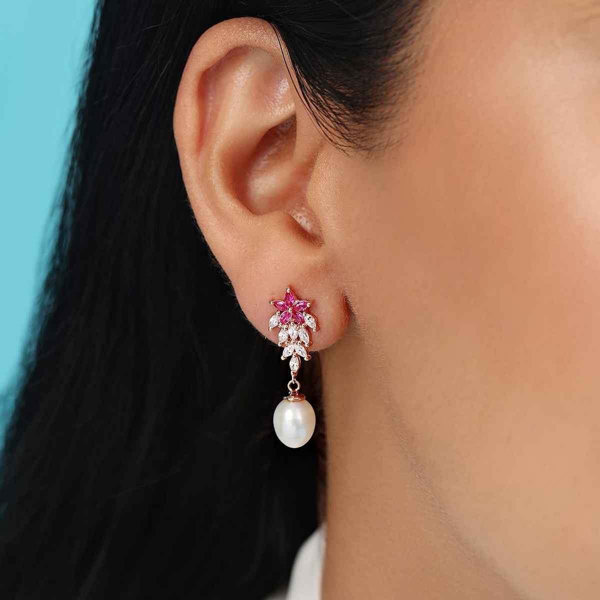 Zavya Floral Pearl Rose Gold Plated 925 Sterling Silver Drop