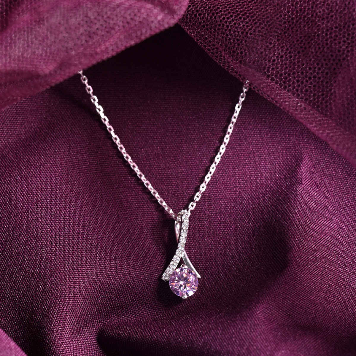 Clara 925 Sterling Silver Pink Solitaire Pendant Chain Necklace | Rhodium Plated | Swiss Zirconia
