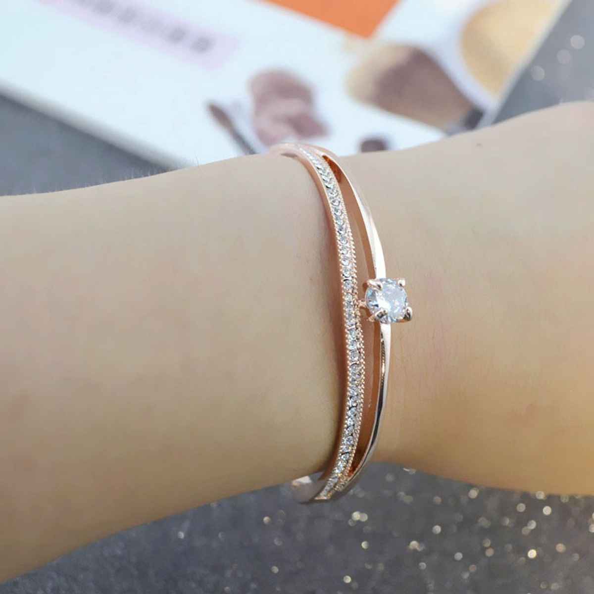 Shining Diva Fashion Stylish 18k Rose Gold Plated Crystal Bangle Bracelet for Women | 9814b