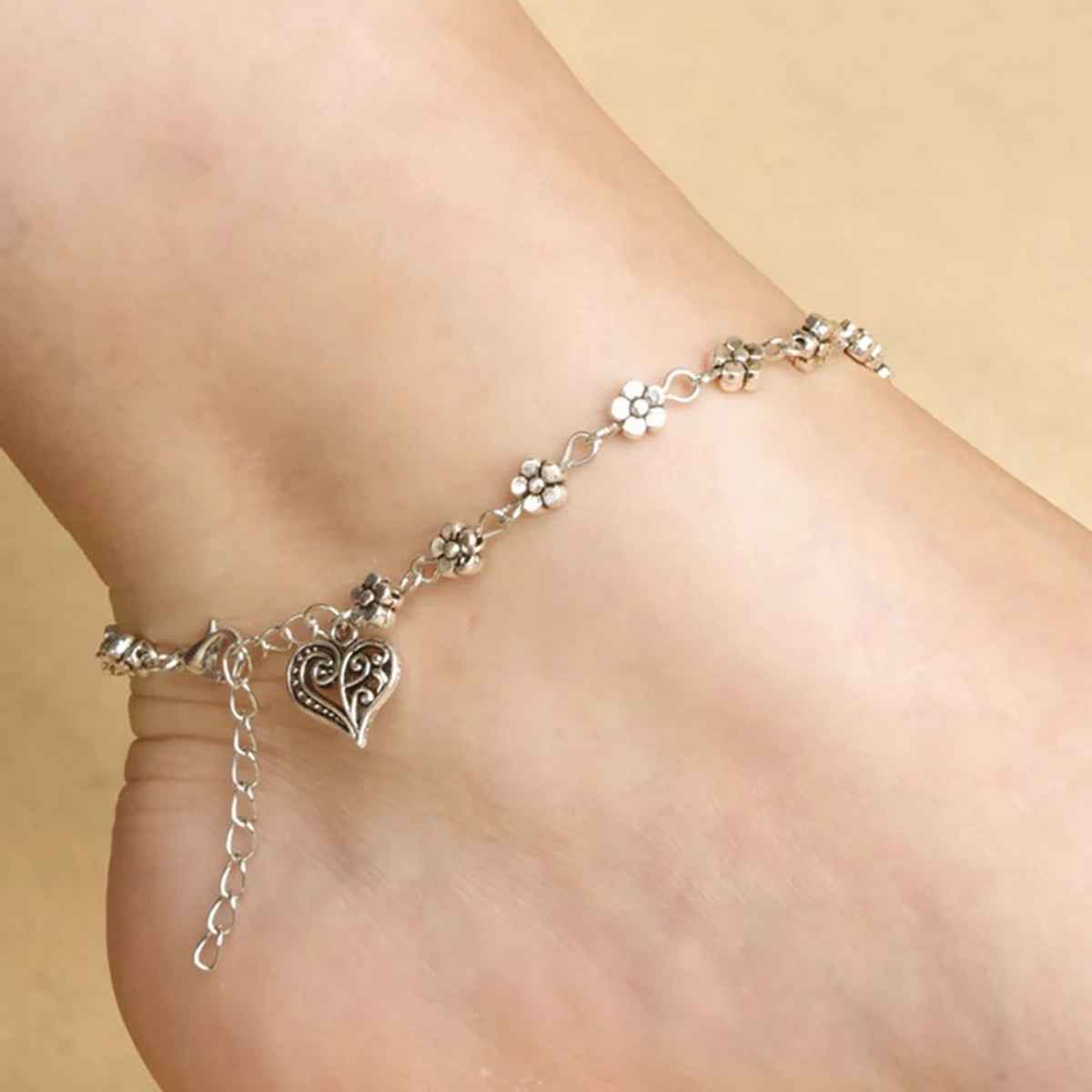 Shining Diva Fashion Oxidised Silver Floral Single Stylish Anklet for Women & Girls | 9575b