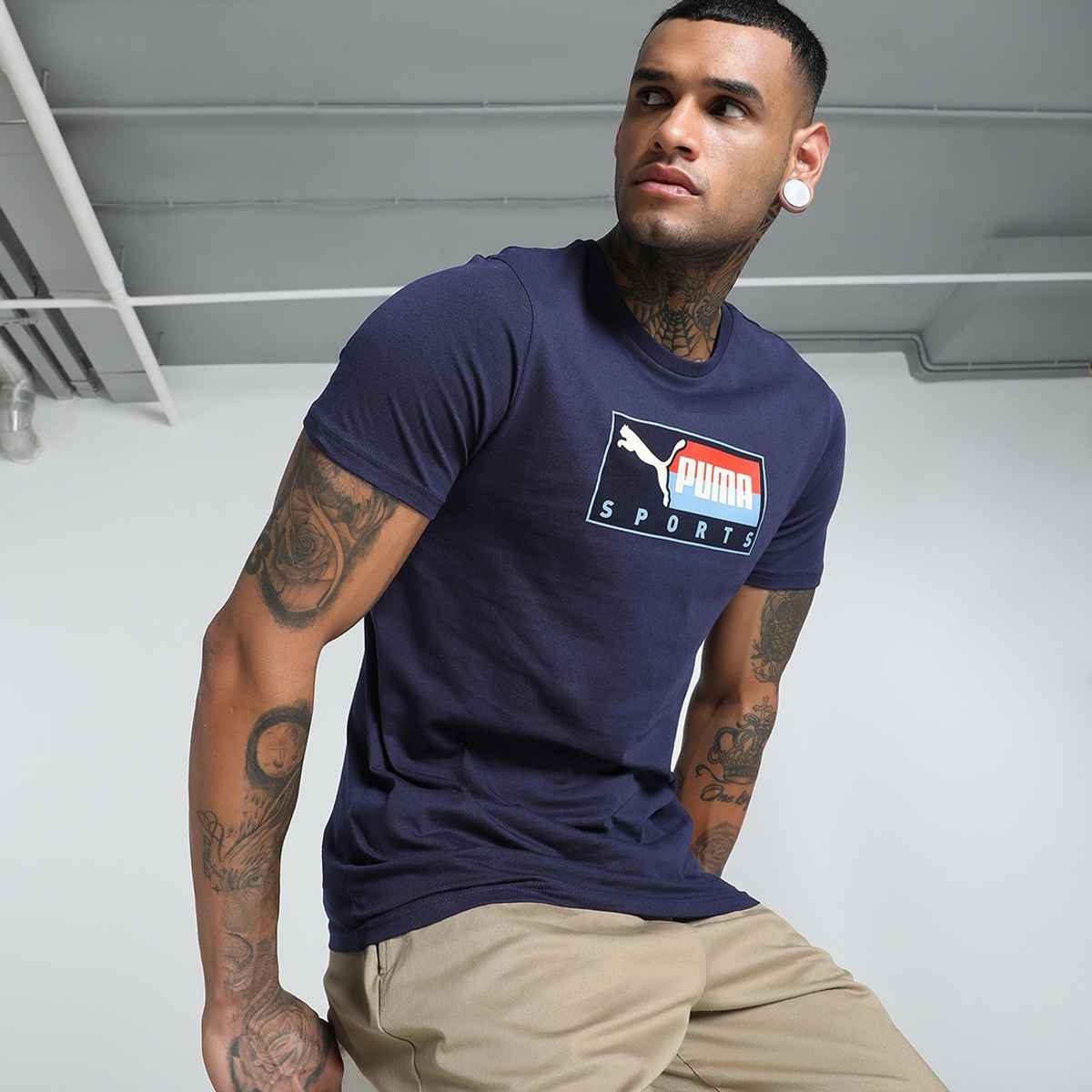 Puma Men's T-Shirt Box Graphic - Navy | XL